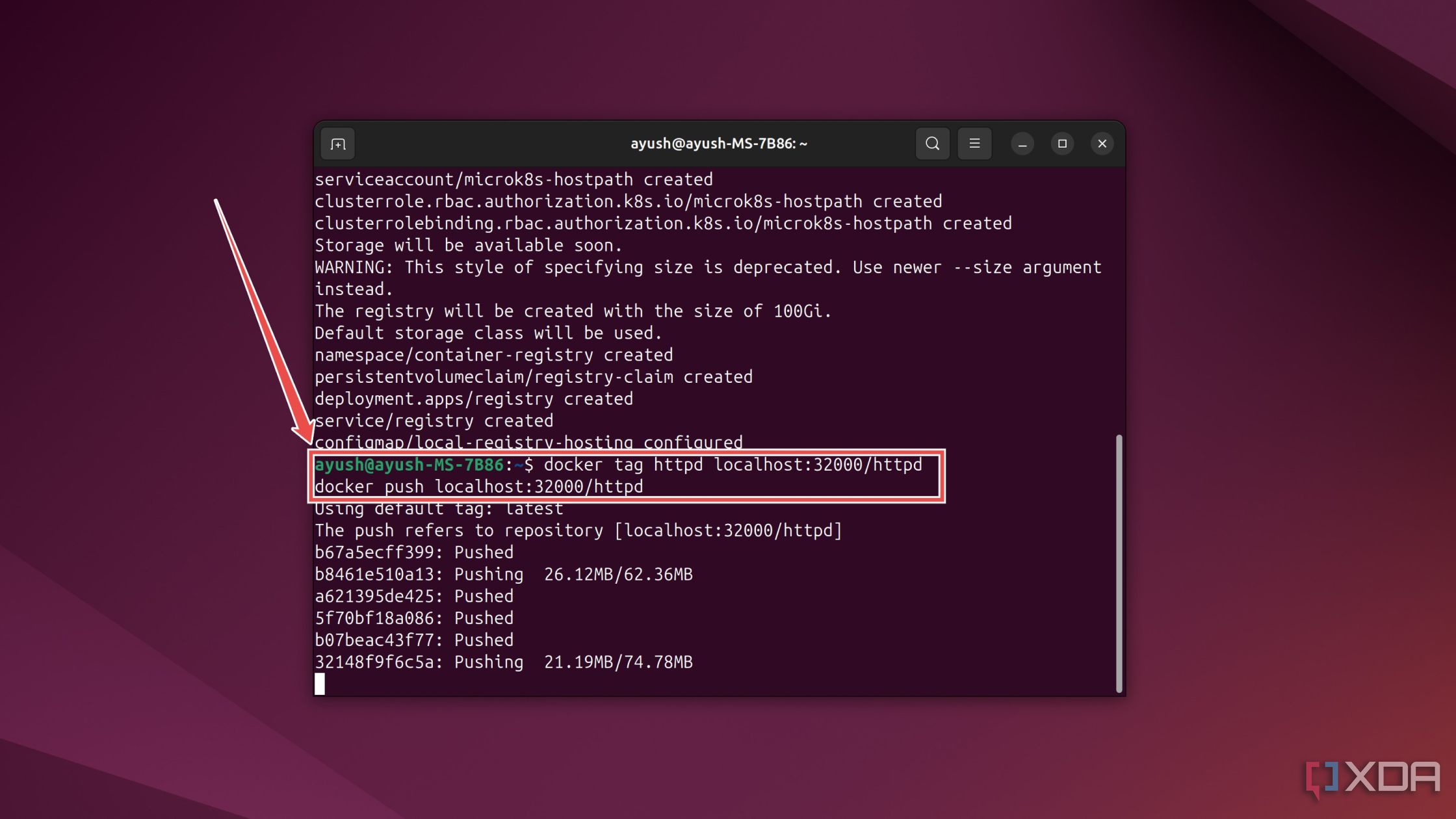 El comando de terminal para agregar una imagen de Docker al registro de MicroK8s en Ubuntu