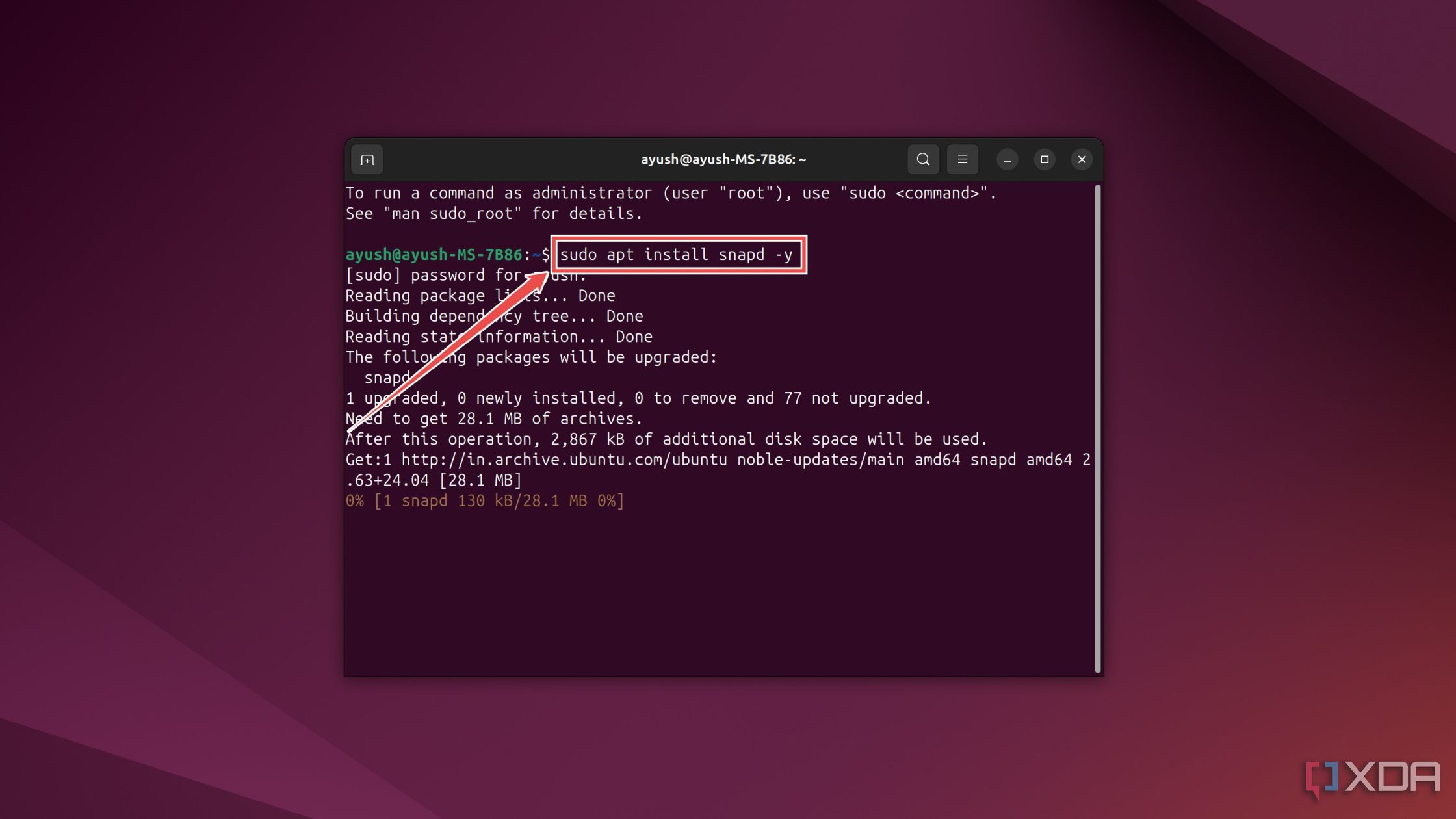 Instalación del paquete Snapd en la terminal de Ubuntu