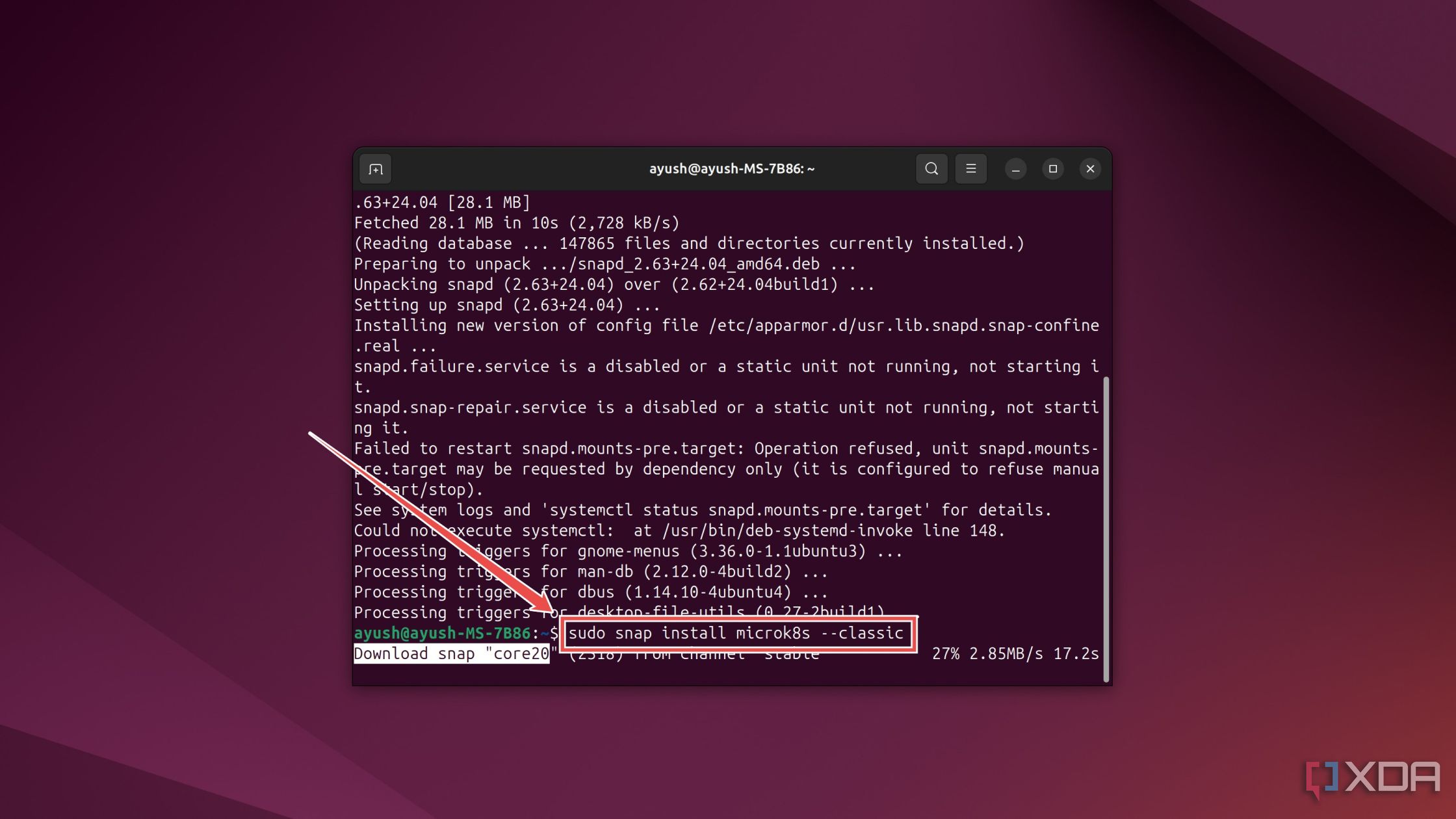 Instalación del paquete MicroK8s en la terminal de Ubuntu