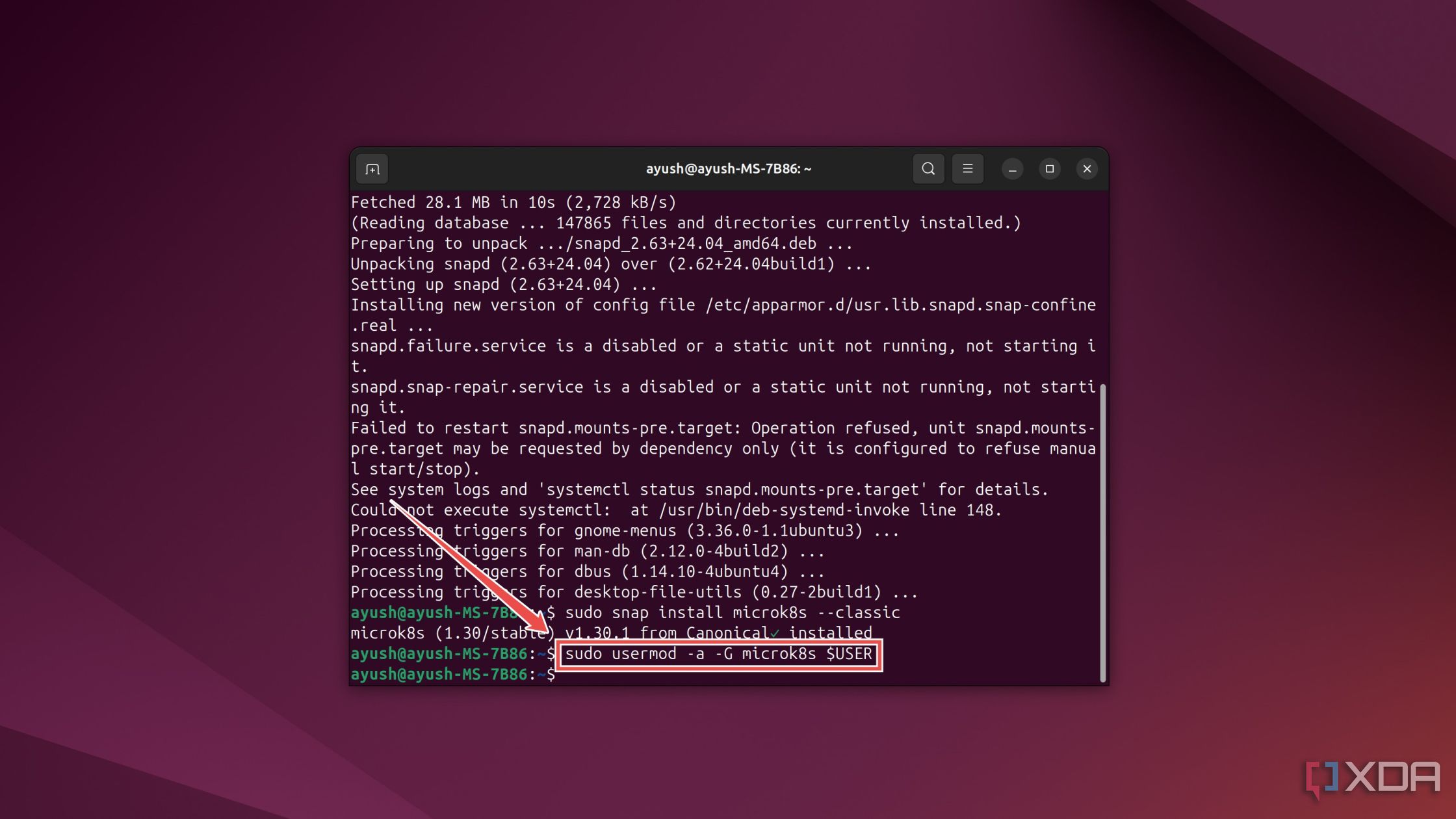 Usando el comando usermod en la terminal de Ubuntu