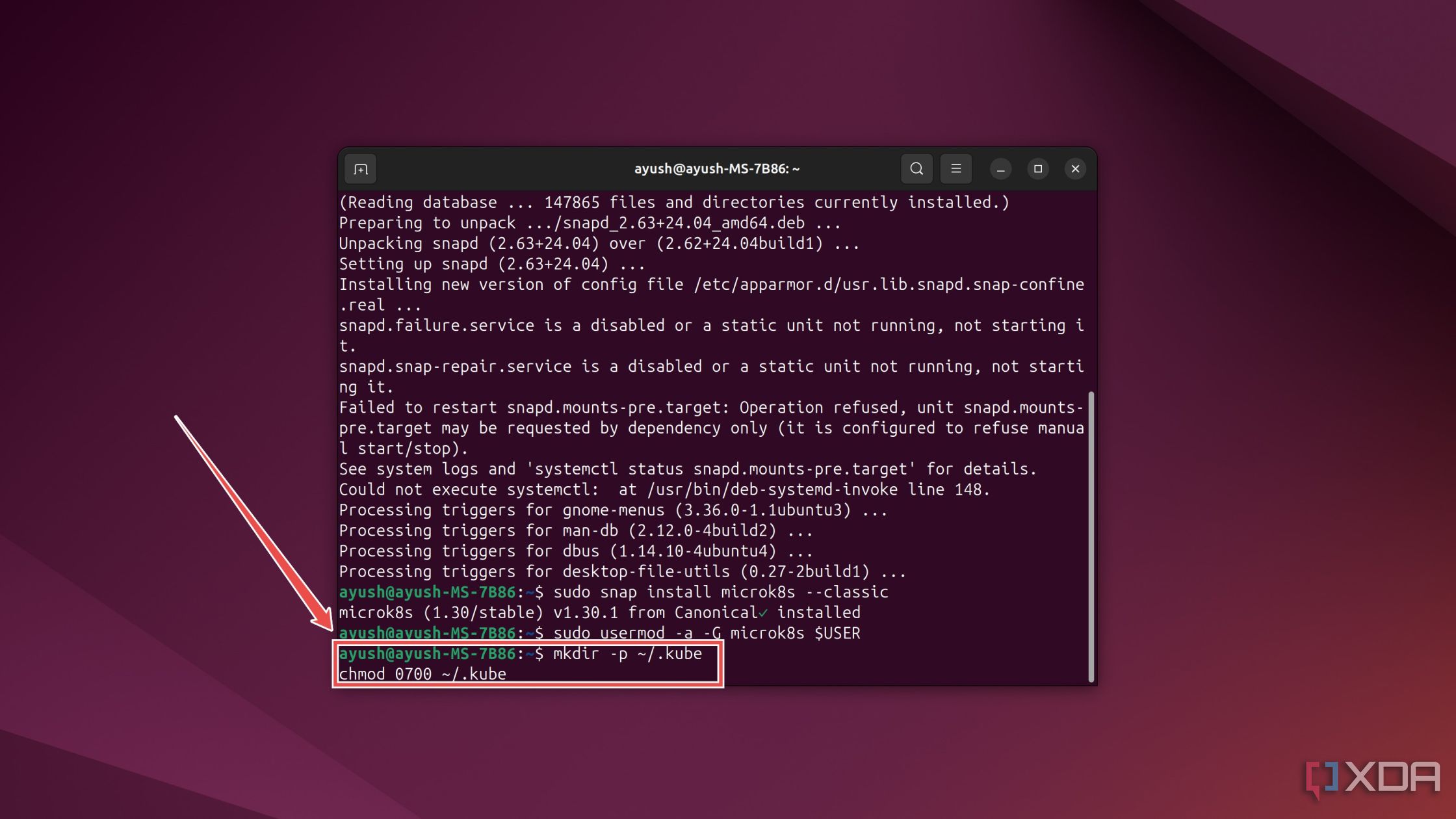 Los comandos para crear el directorio kube y modificar sus permisos de acceso en la terminal de Ubuntu