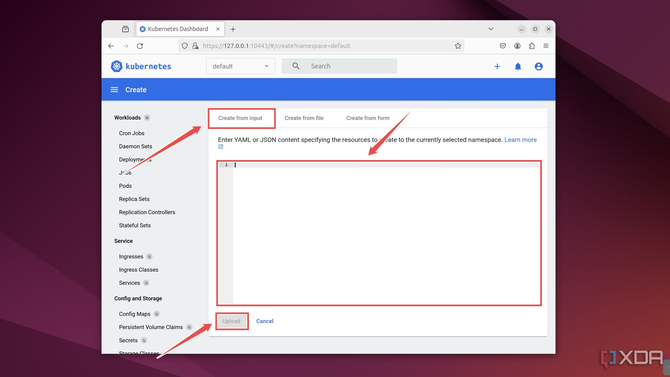 Ingrese el código del archivo YAML para crear un contenedor usando el Tablero de MicroK8s