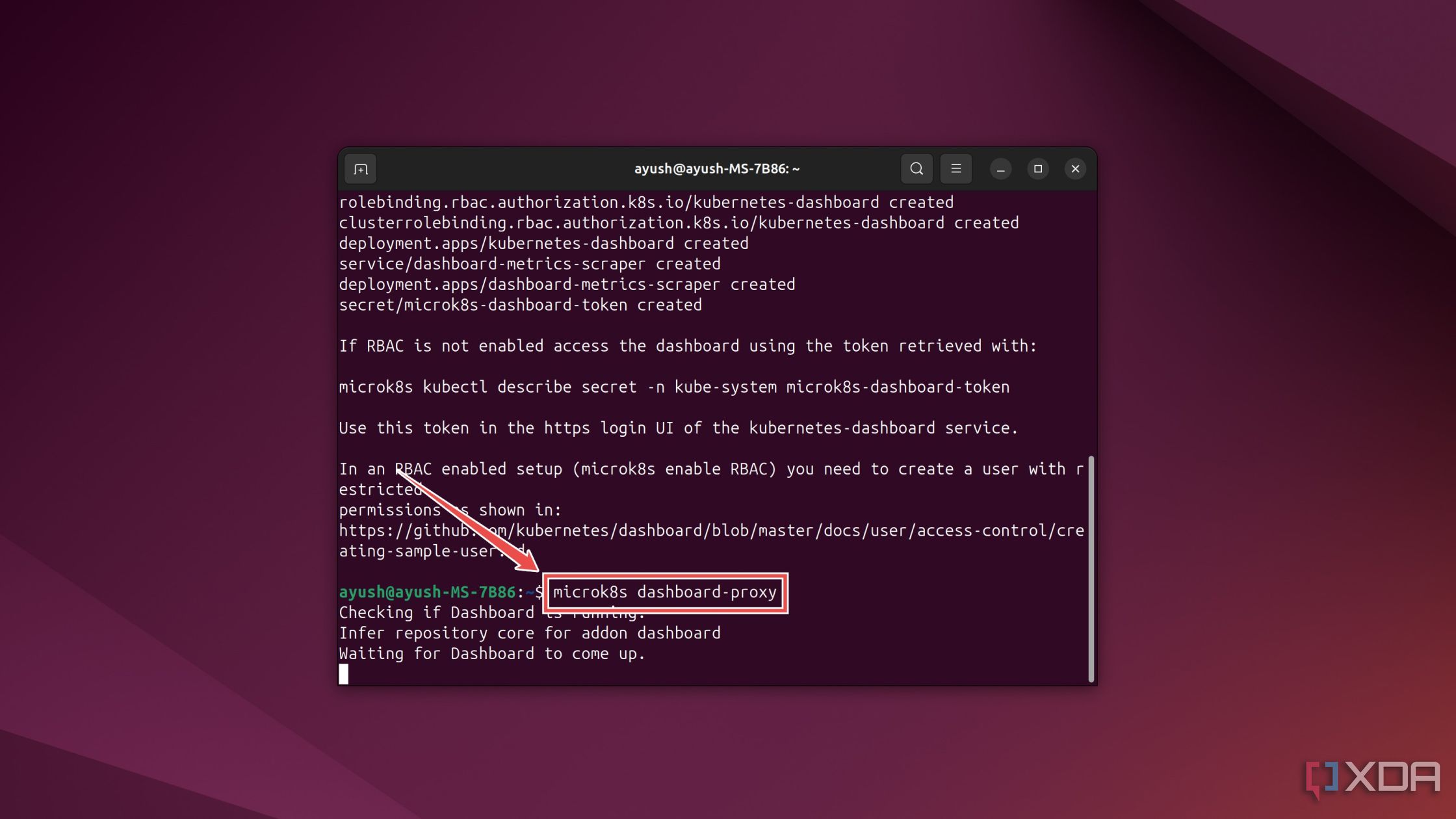 Iniciar el servicio proxy del panel de control de MicroK8s en la terminal de Ubuntu