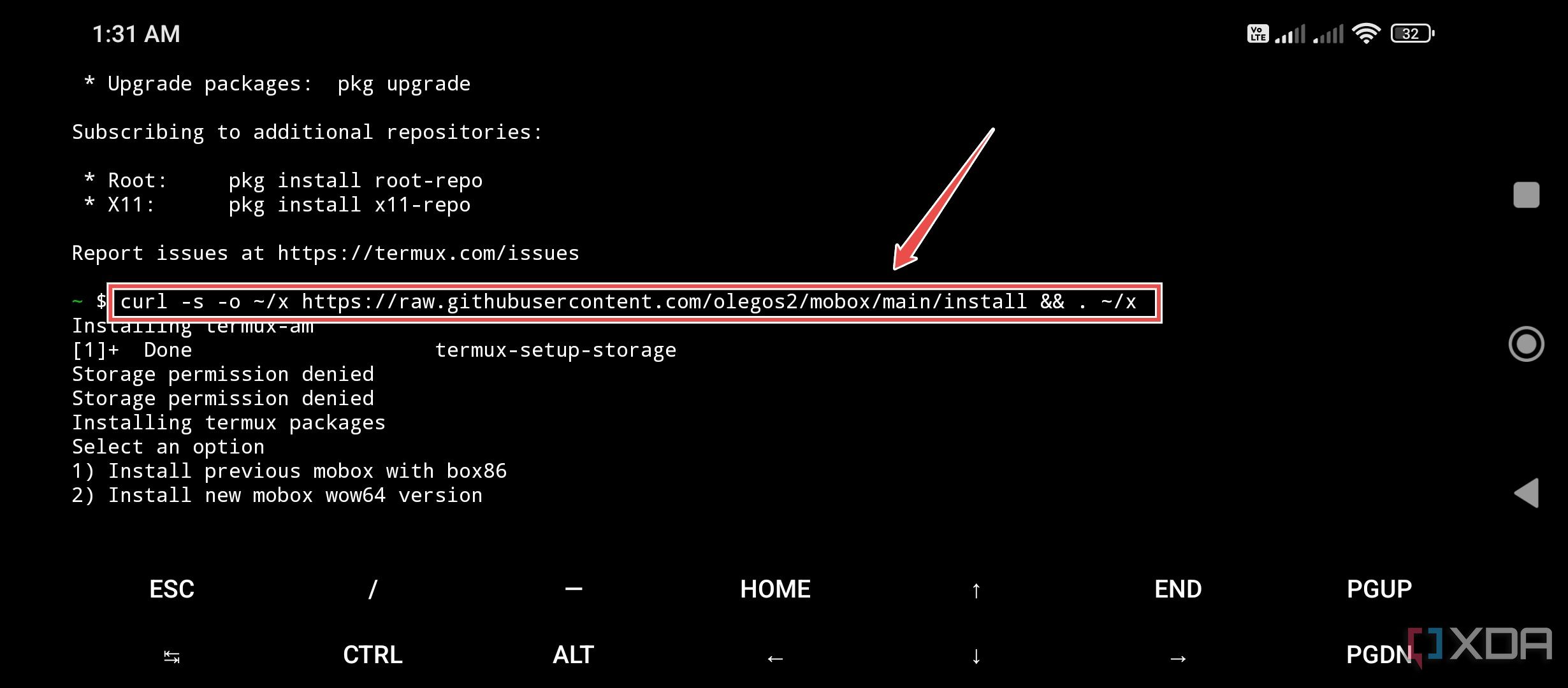 El comando para instalar Mobox en un teléfono Android