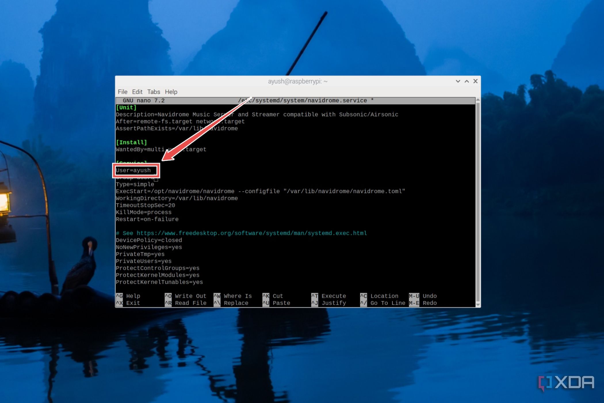 The navidrome.service file with the user name highlighted