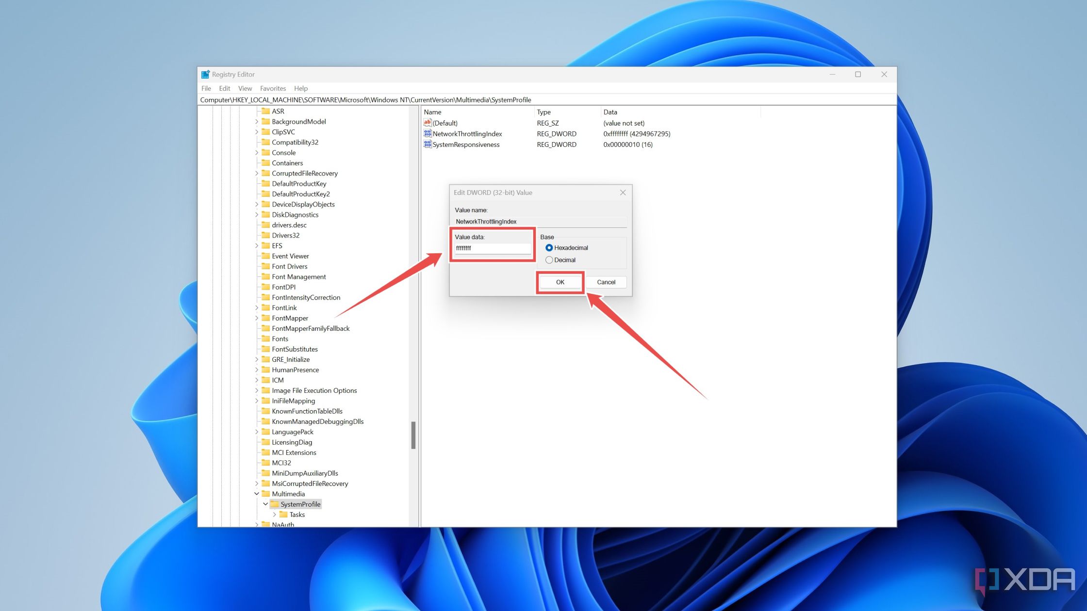 Configuración del valor del entero NetworkThrottlingIndex en el Editor del Registro