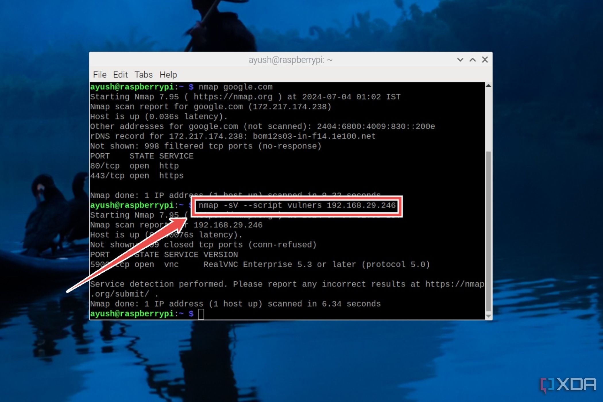 El comando Nmap con el script vulners