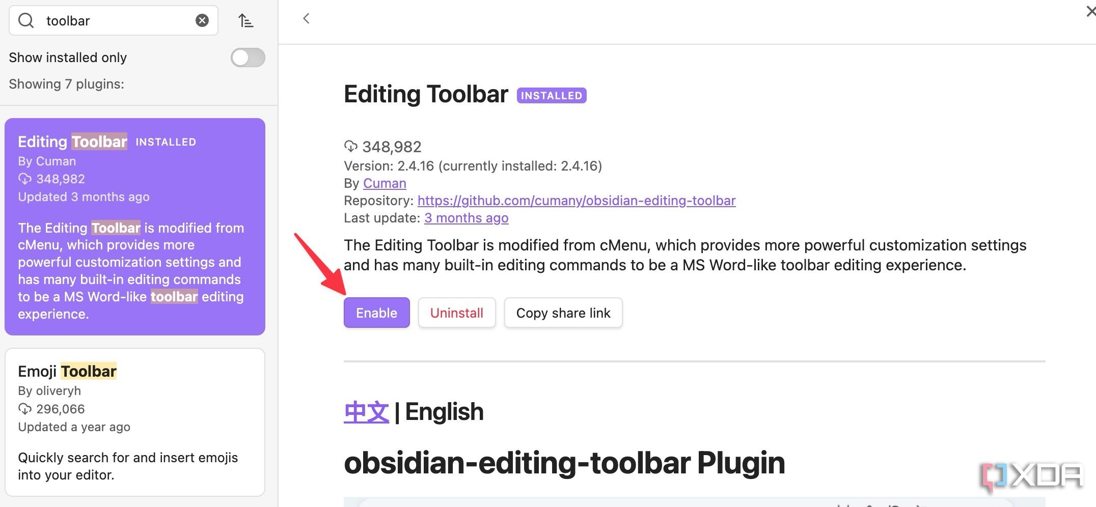 enable editing toolbar plugin in Obsidian