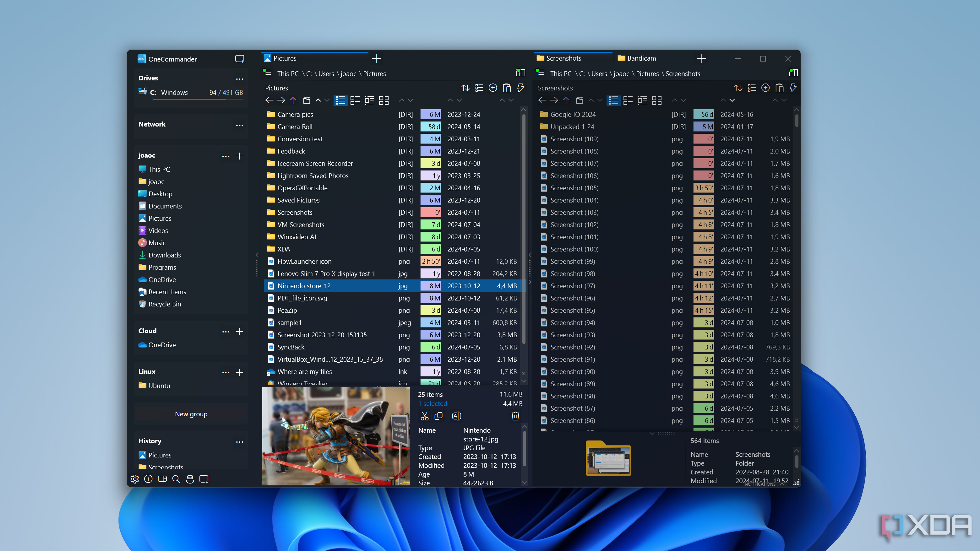 Screenshot of OneCommander showing a thumbnail preview of an image on one of the panes