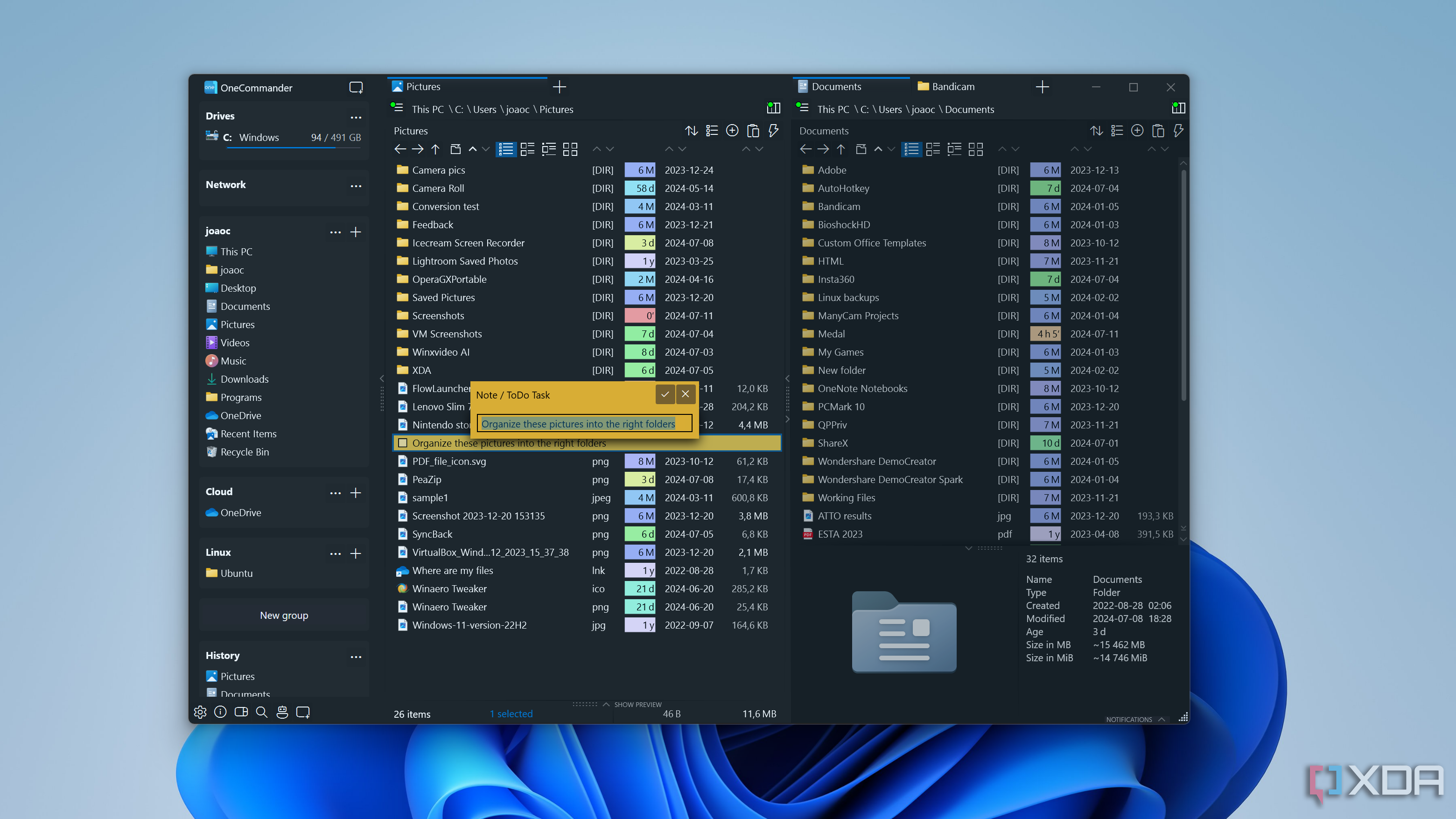 Screenshot of OneCommander displaying a note inside a folder