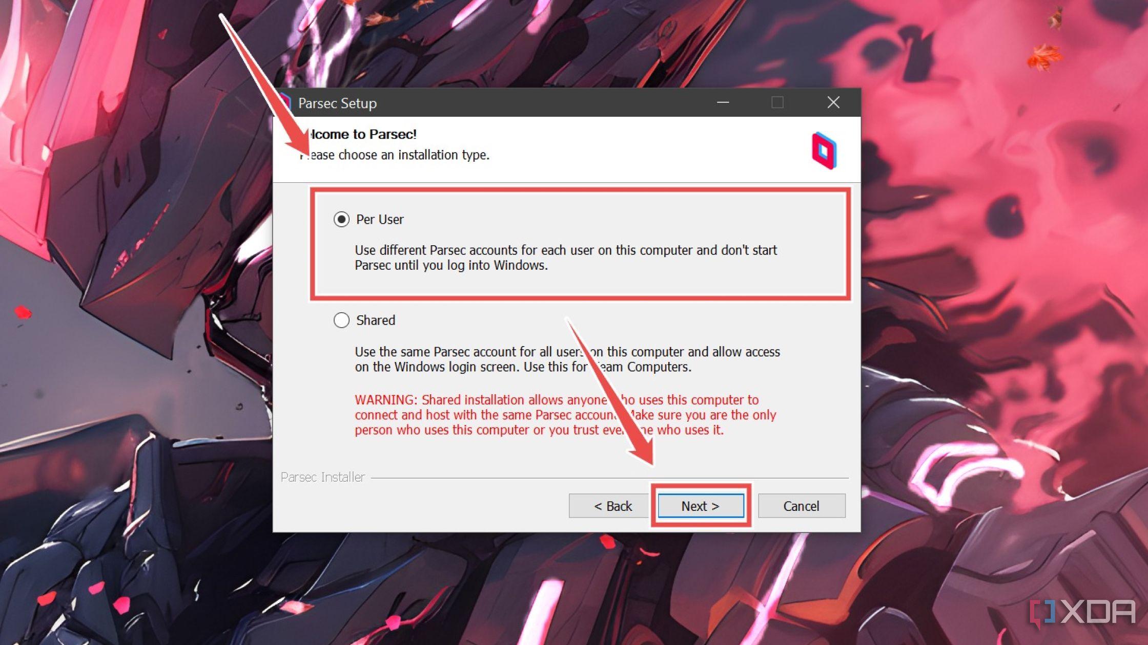 Instalación de Parsec para un solo usuario en una PC host