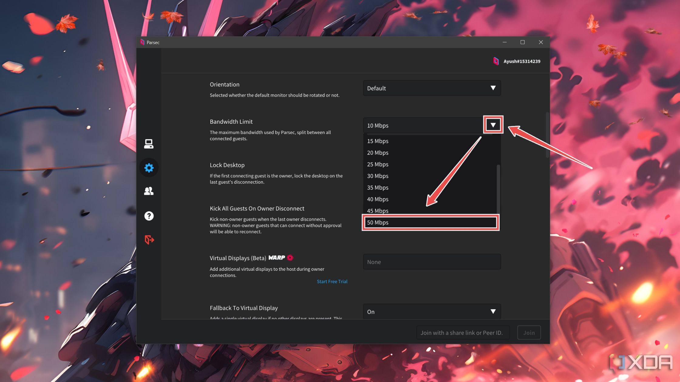 Cambiar el ancho de banda en la configuración de Parsec