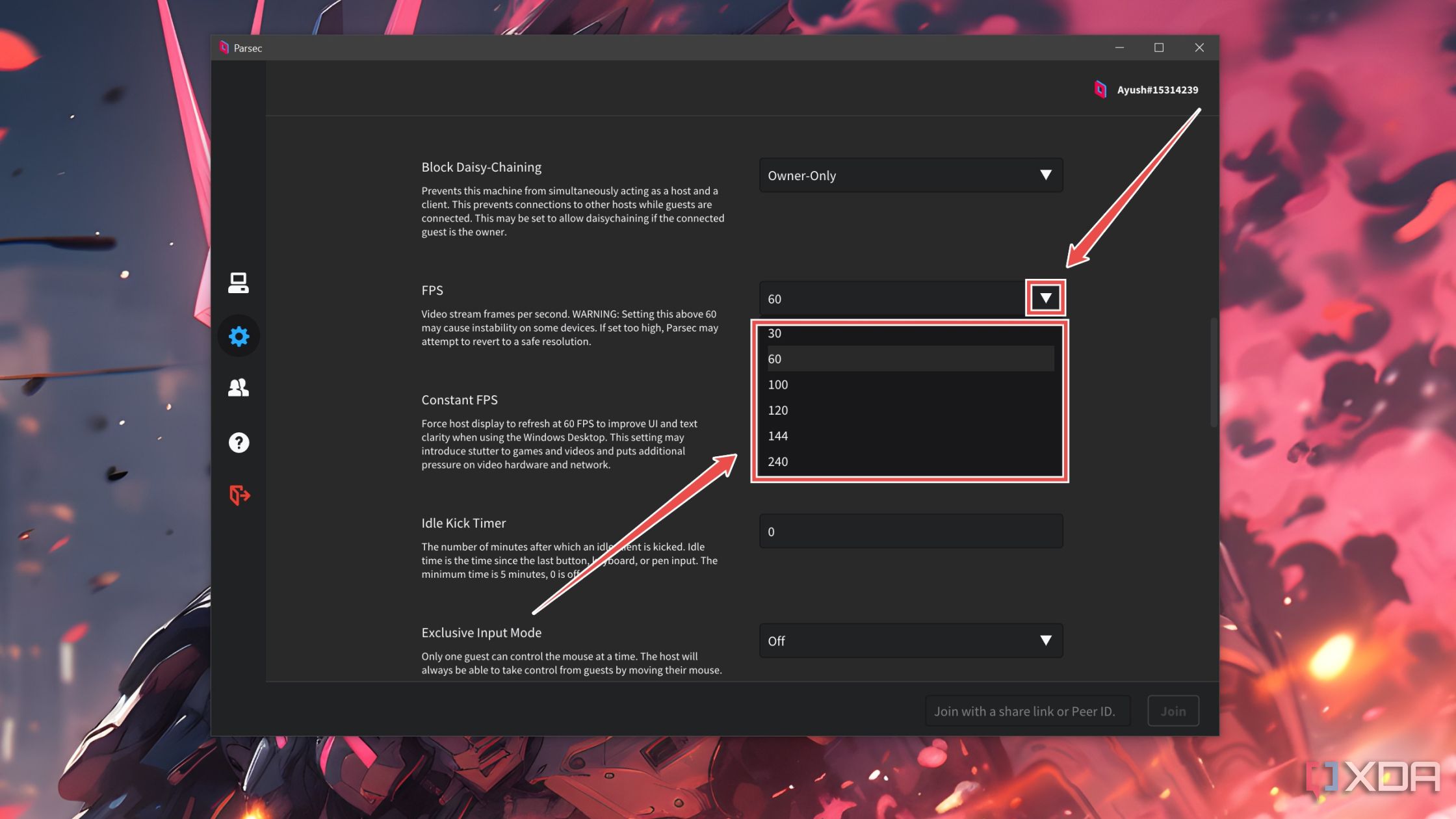 Cambiar los FPS en la configuración de Parsec