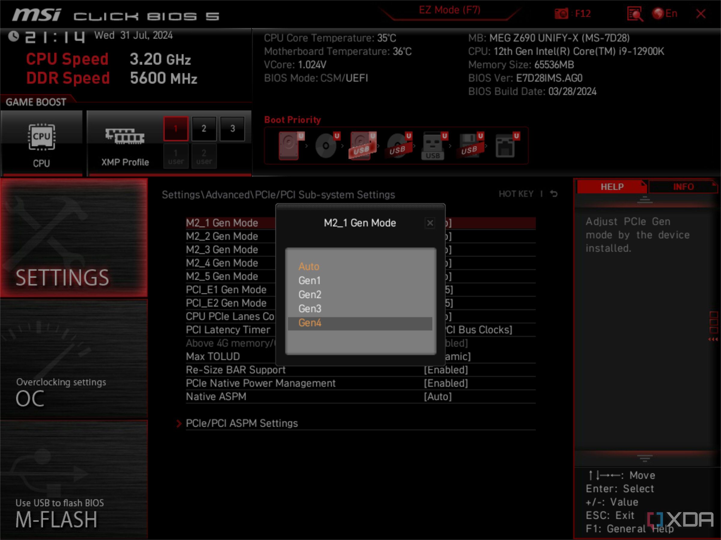 BIOS MSI que muestra la configuración manual del generador PCI