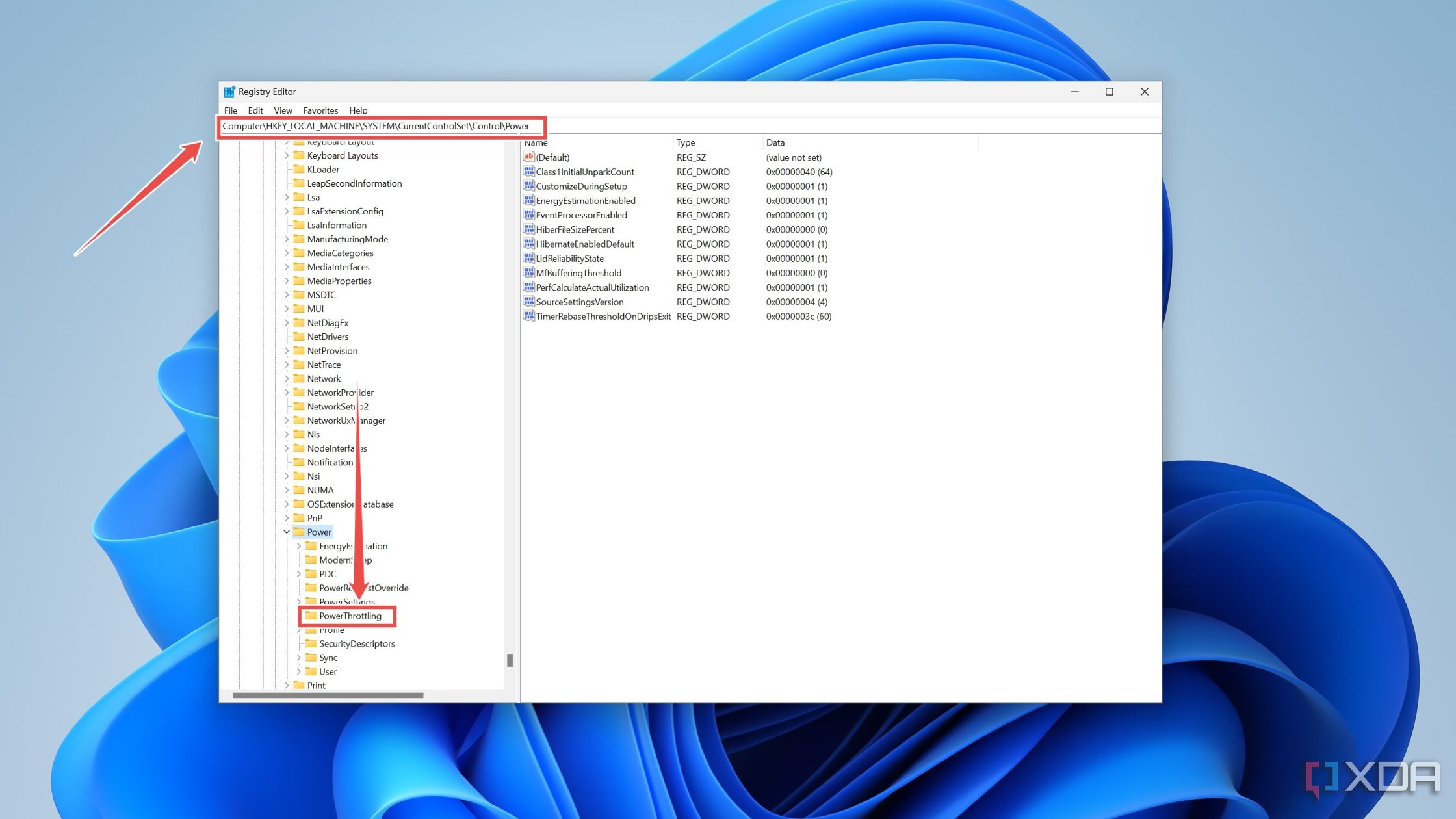 Creación de la clave PowerThrottling en el Editor del Registro