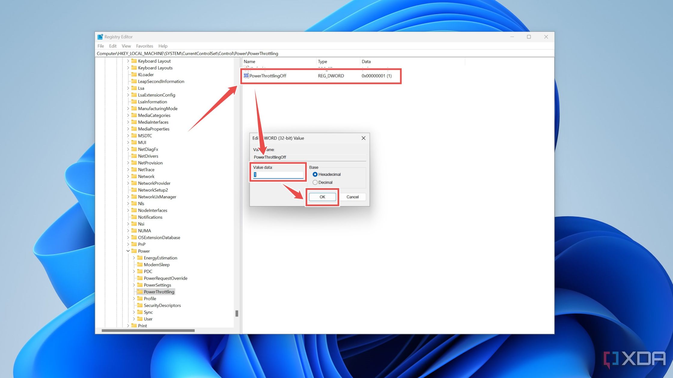 Creación del DWORD PowerThrottlingOff en el Editor del Registro