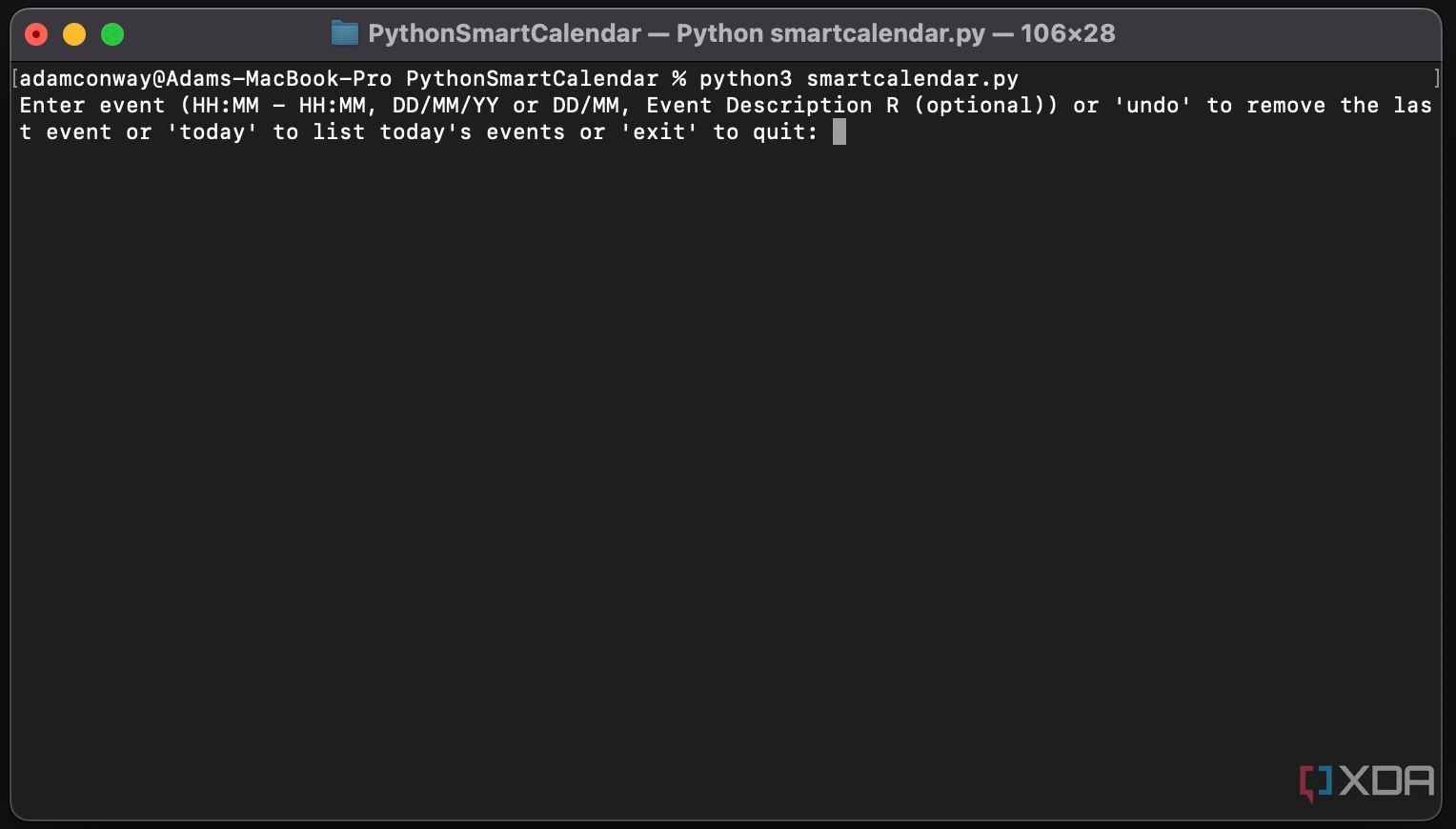 Opening terminal of the Python Smart Calendar