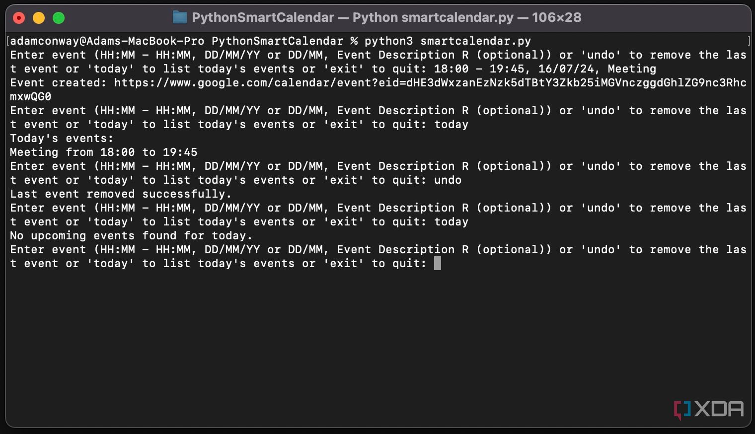 Python Smart Calendar demonstrates creating an event, listing today's events, and then removing the event.