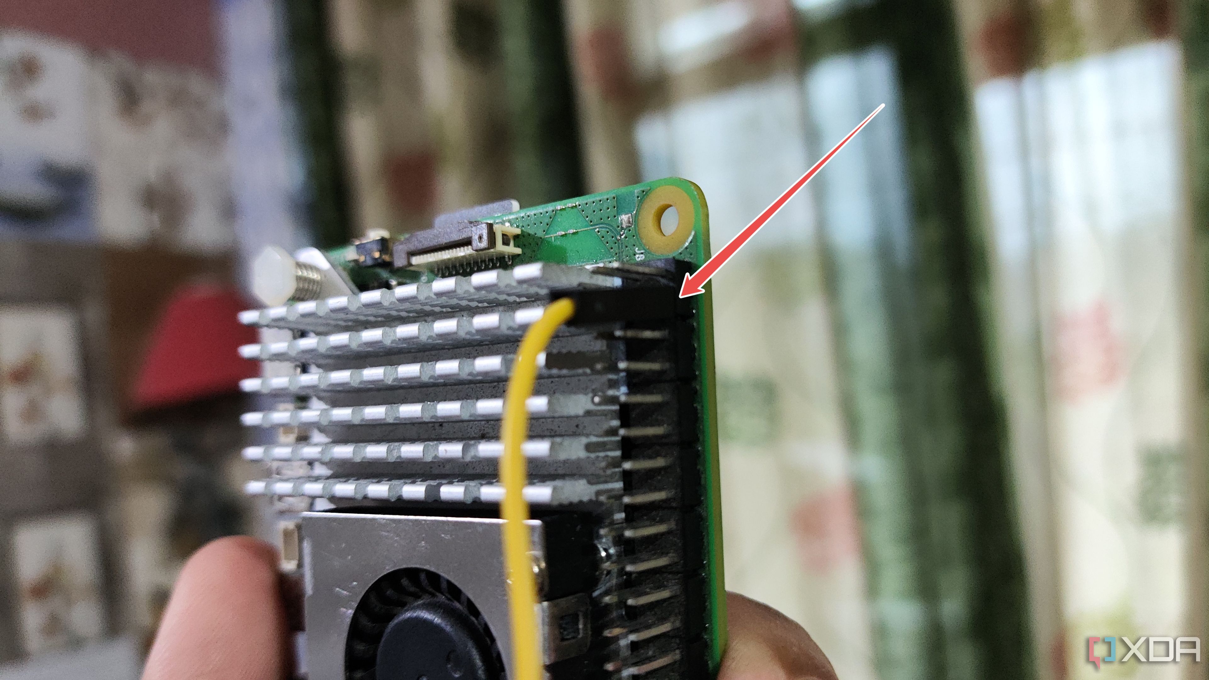 Un cable puente conectado al pin +5 V de una Raspberry Pi 5