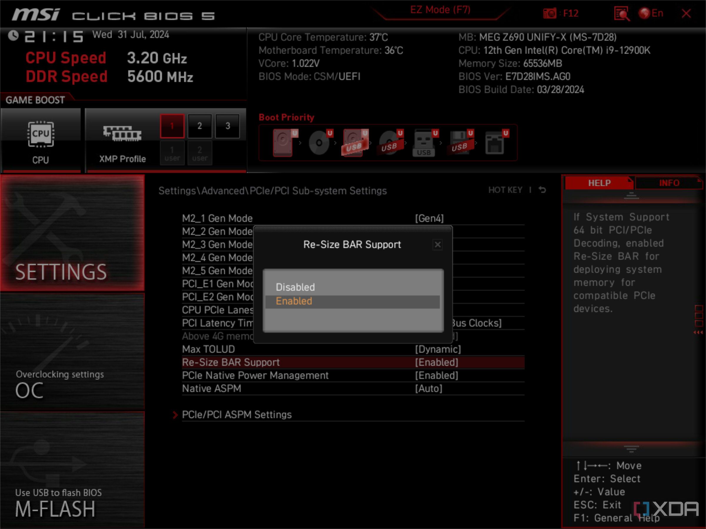 BIOS MSI que muestra la opción de barra redimensionable