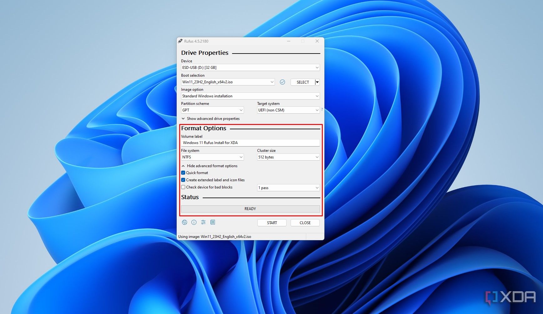 Imagen que muestra las opciones de formato de Rufus