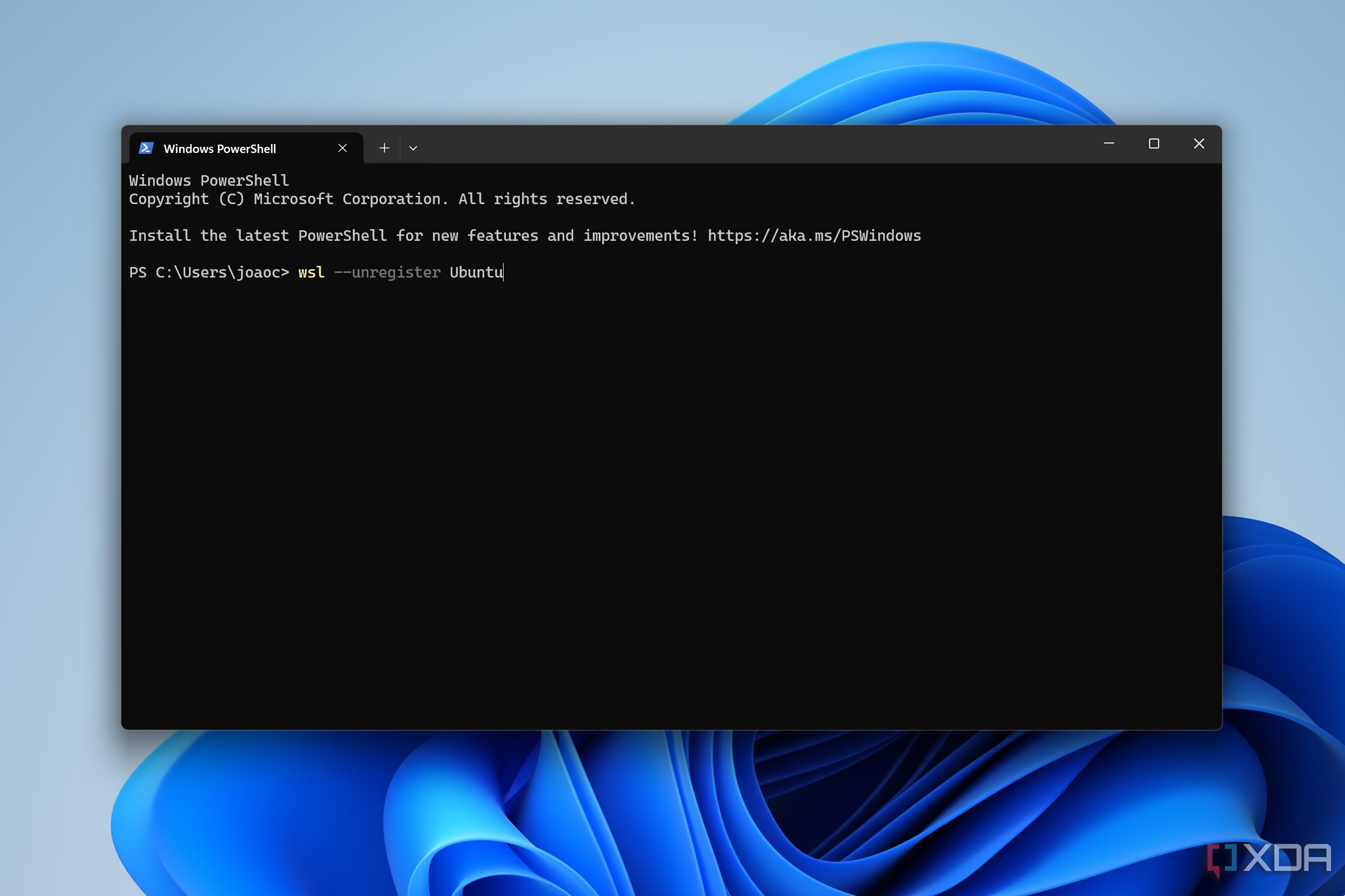 Captura de pantalla de la terminal de Windows con un comando para anular el registro de Ubuntu de WSL