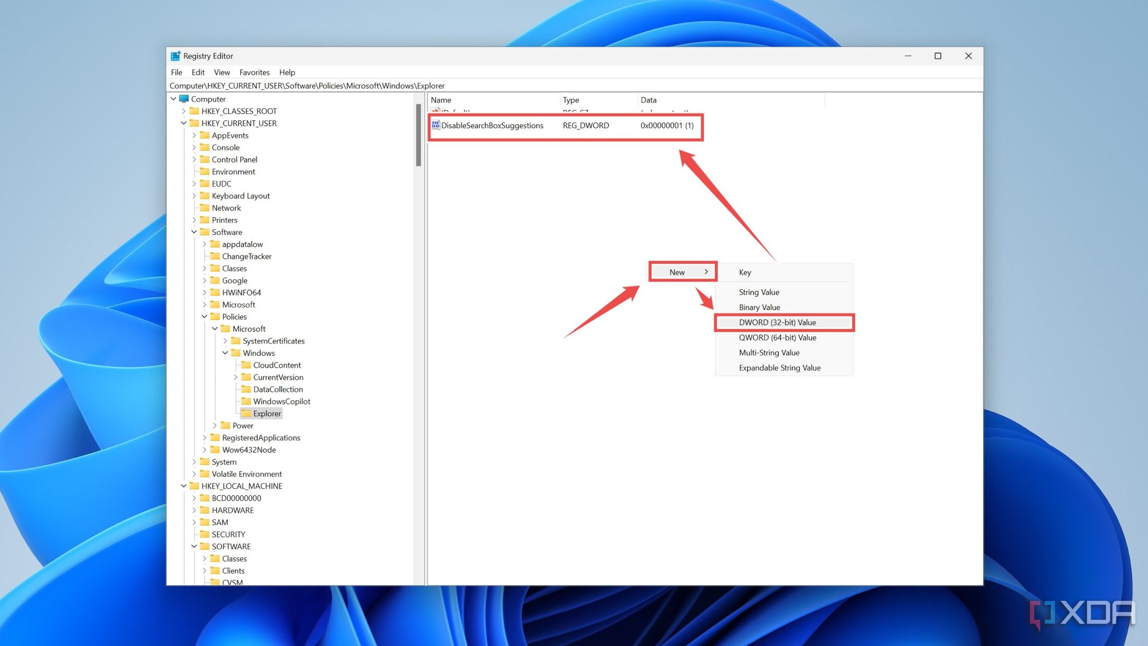 El DWORD para eliminar las sugerencias de búsqueda en el Editor del Registro