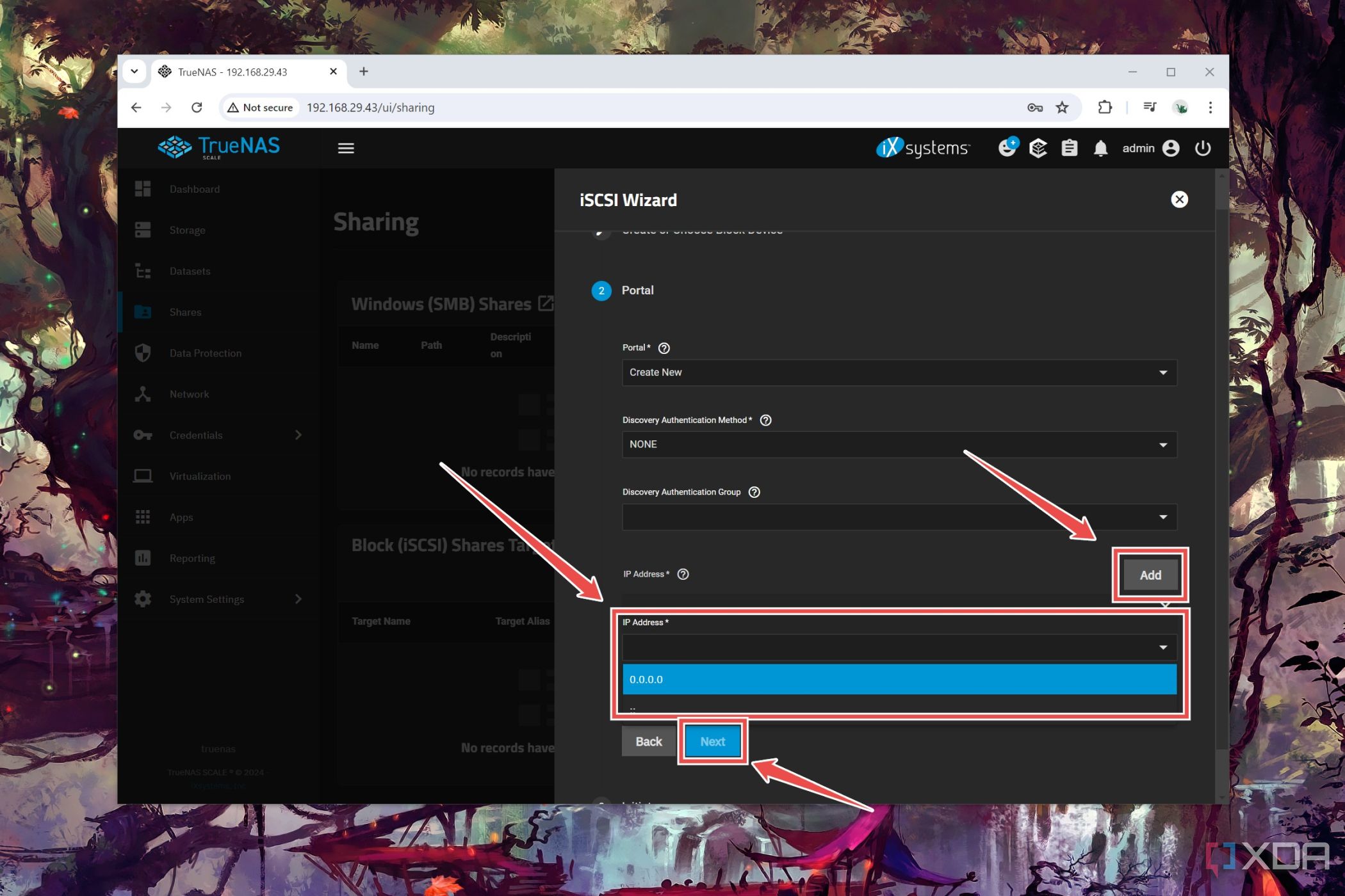 El procedimiento para configurar la dirección IP del portal para un recurso compartido iSCSI en TrueNAS Scale