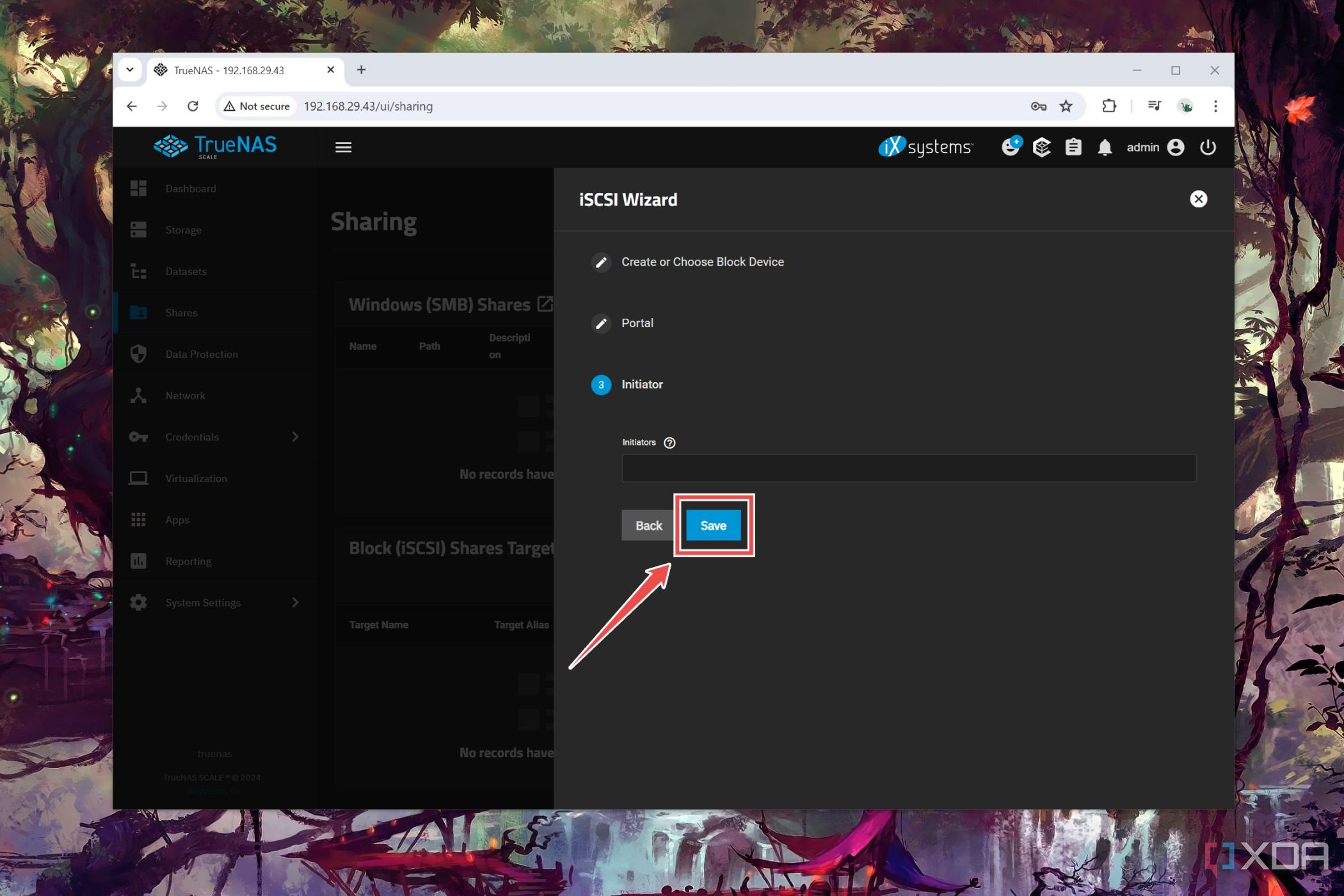 El procedimiento para guardar la configuración de iSCSI Share en TrueNAS Scale