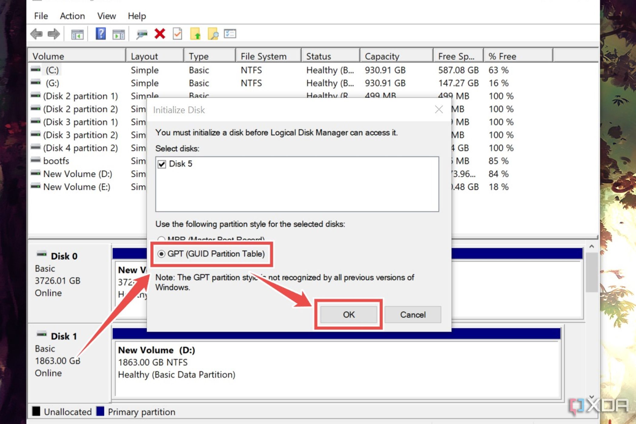 El procedimiento para inicializar un volumen iSCSI mediante la utilidad Administración de discos en Windows