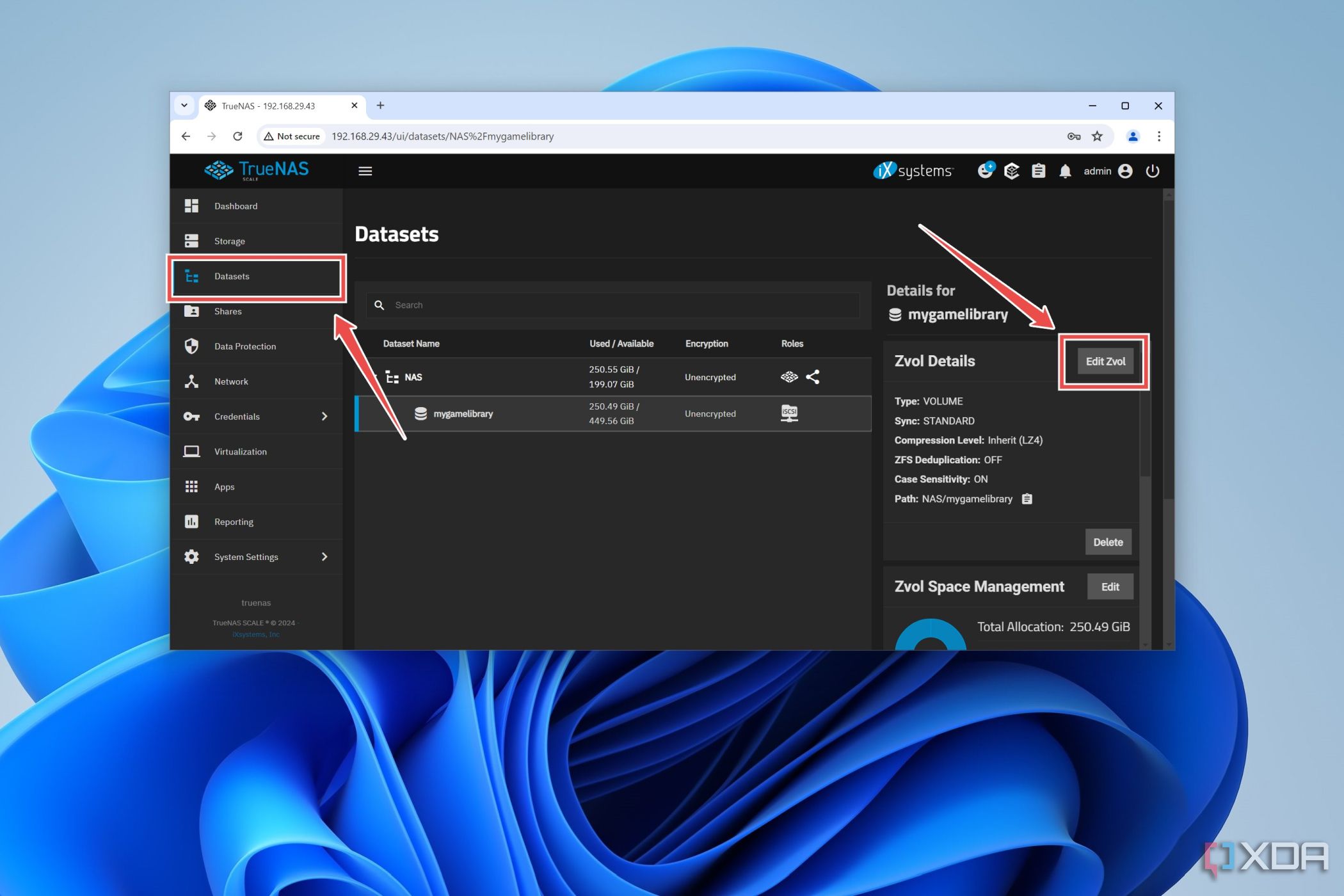 El procedimiento para editar la configuración de Zvol en TrueNAS Scale