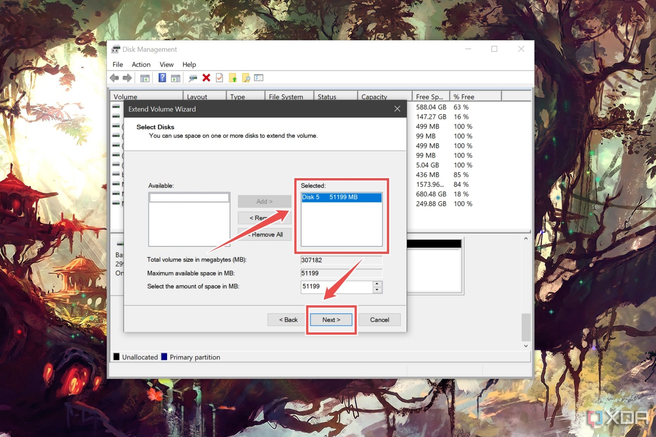 El procedimiento para agregar más espacio a un volumen iSCSI existente mediante la utilidad Administración de discos en Windows