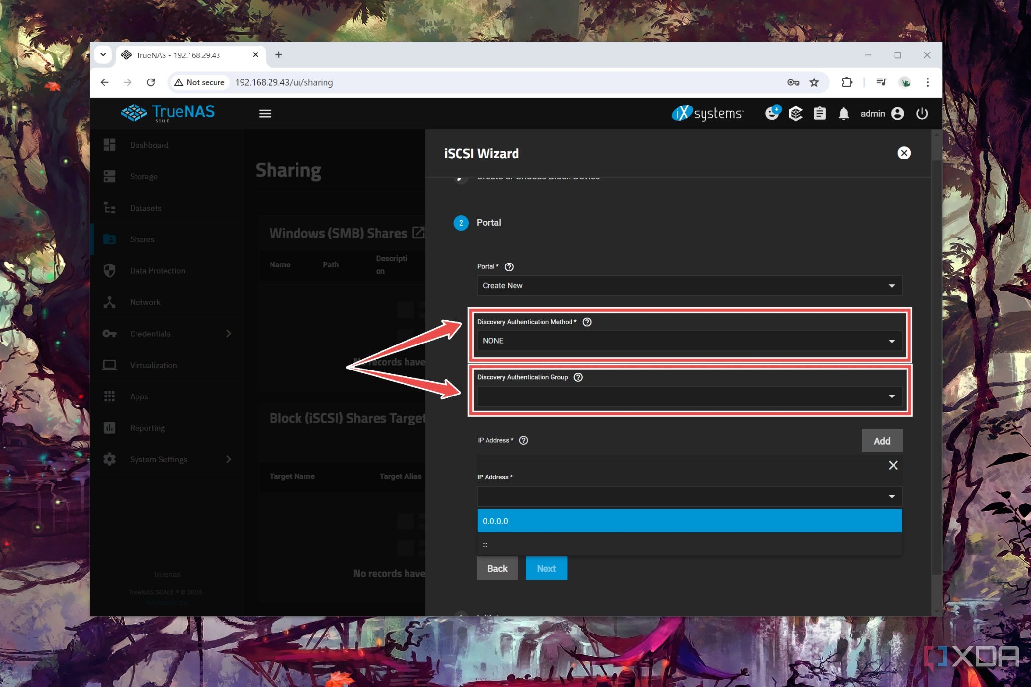 El procedimiento para configurar el portal para un recurso compartido iSCSI en TrueNAS Scale