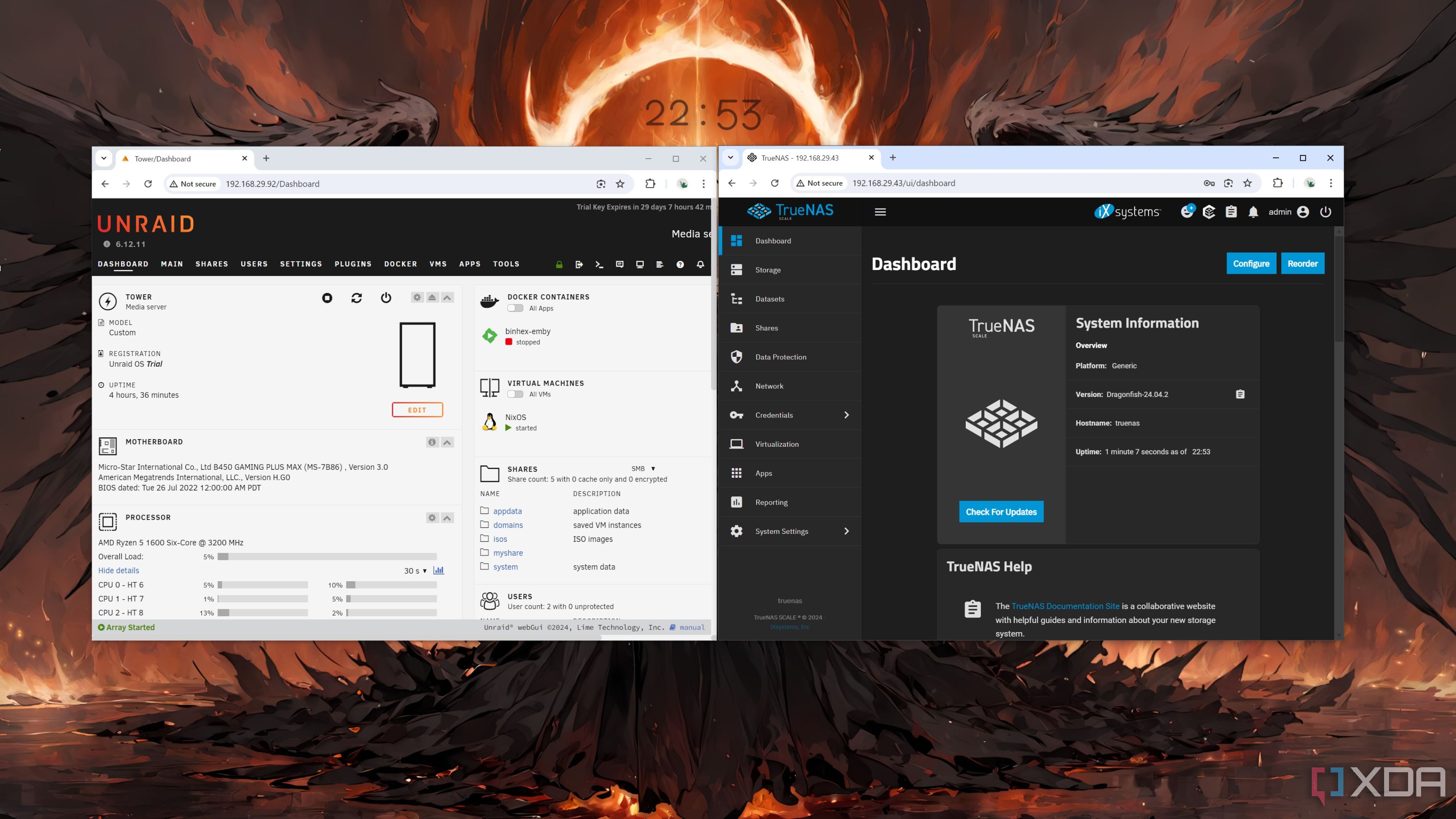 Interfaces de usuario web de Unraid y TrueNAS Scale ejecutándose en paralelo