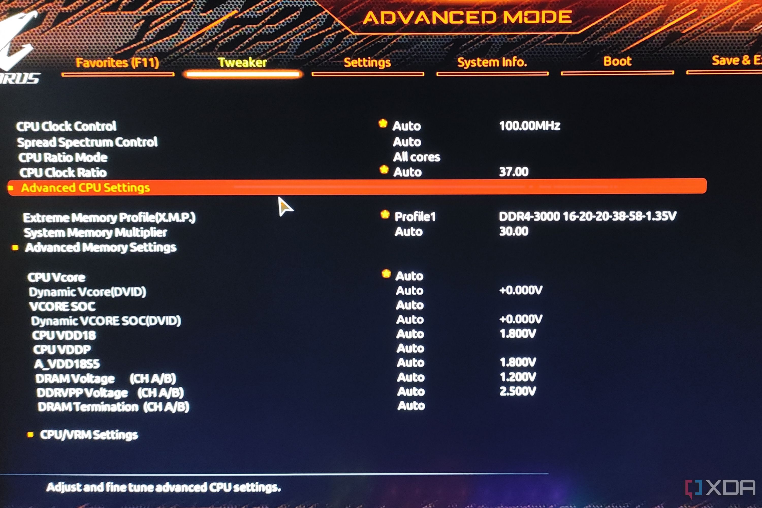 La configuración avanzada de la CPU en el BIOS de Gigabyte Aorus