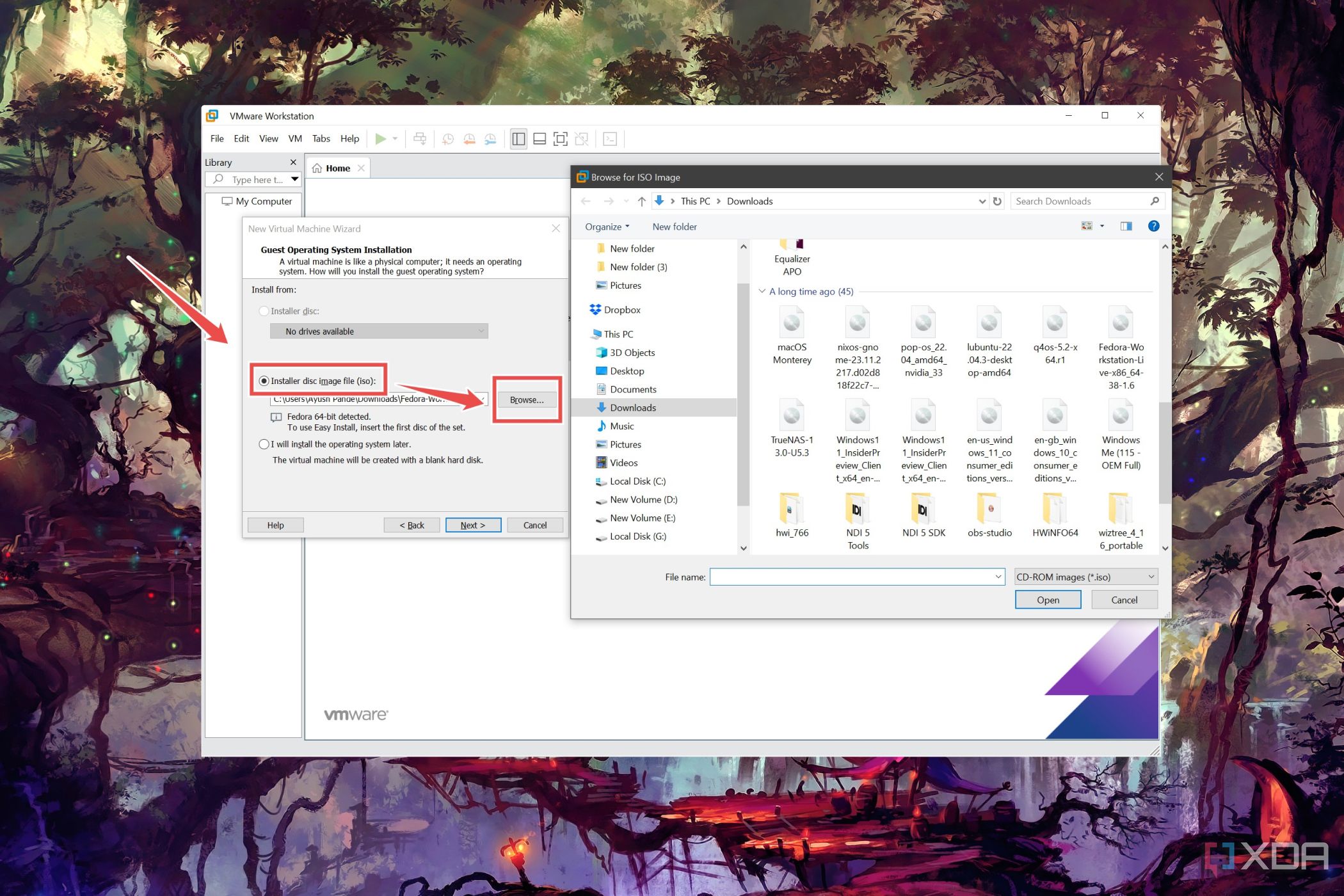 El procedimiento para buscar una ISO en VMware Workstation Pro