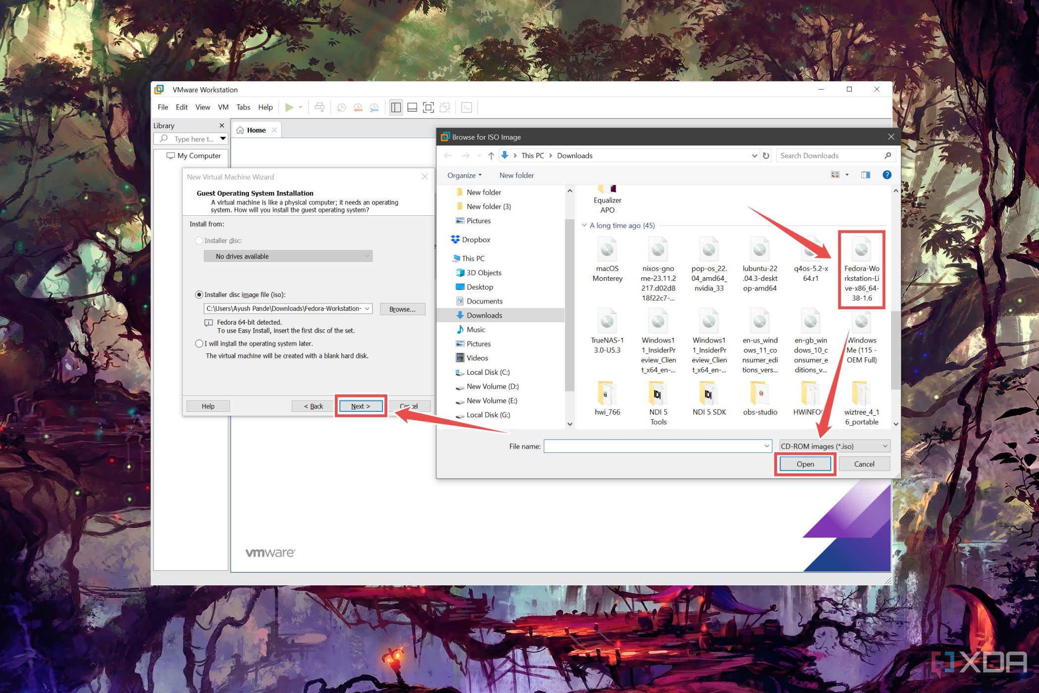 El procedimiento para seleccionar una ISO en VMware Workstation Pro