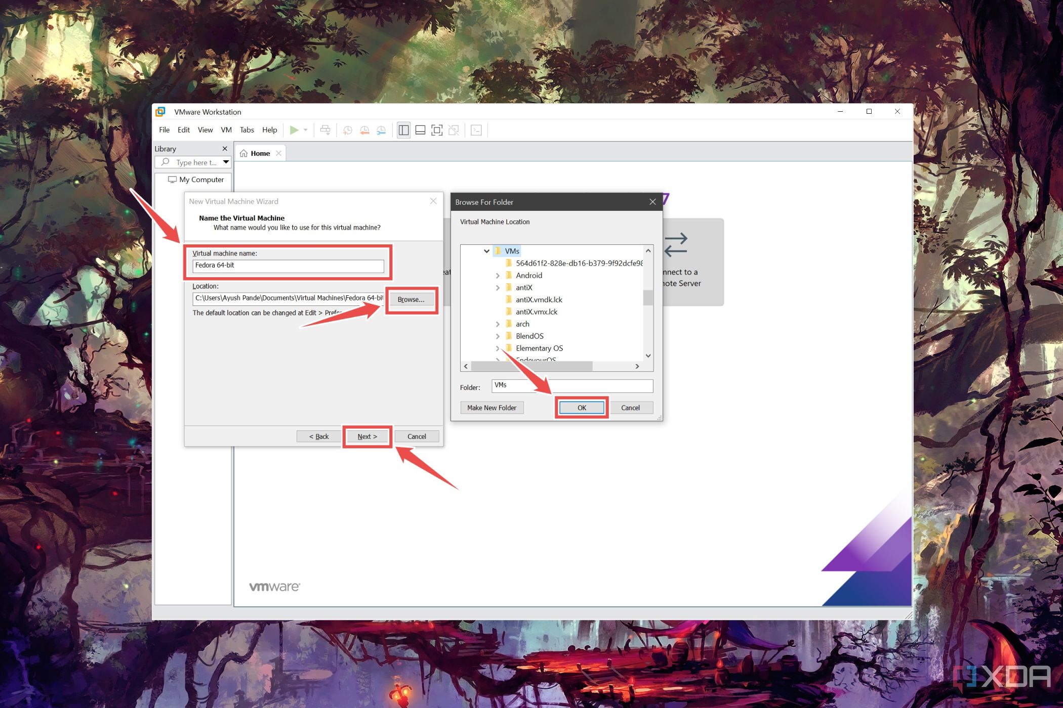 Las opciones de Nombre y Ubicación resaltadas en la ventana de configuración de VM de VMware Workstation Pro