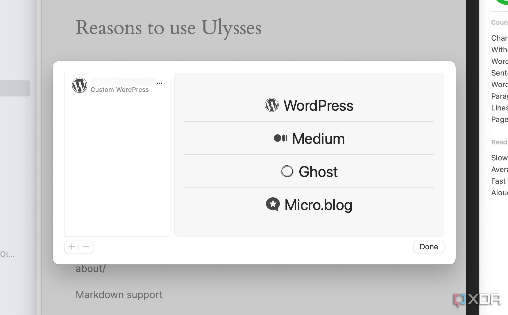 Opciones de publicación en Ulysses