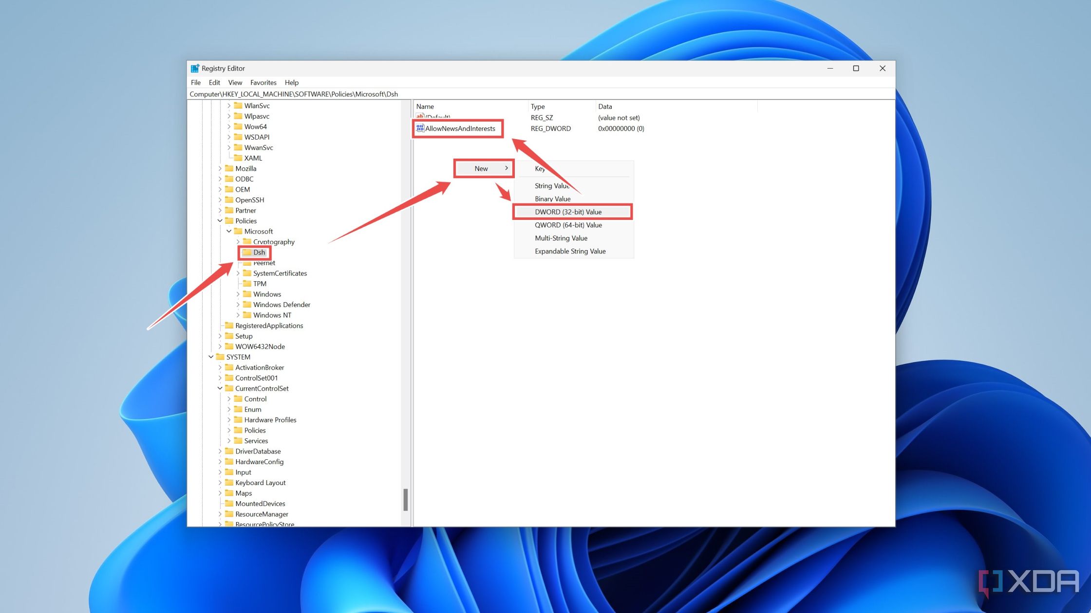 Creación de un nuevo entero llamado AllowNewsAndInterests en el Editor del Registro