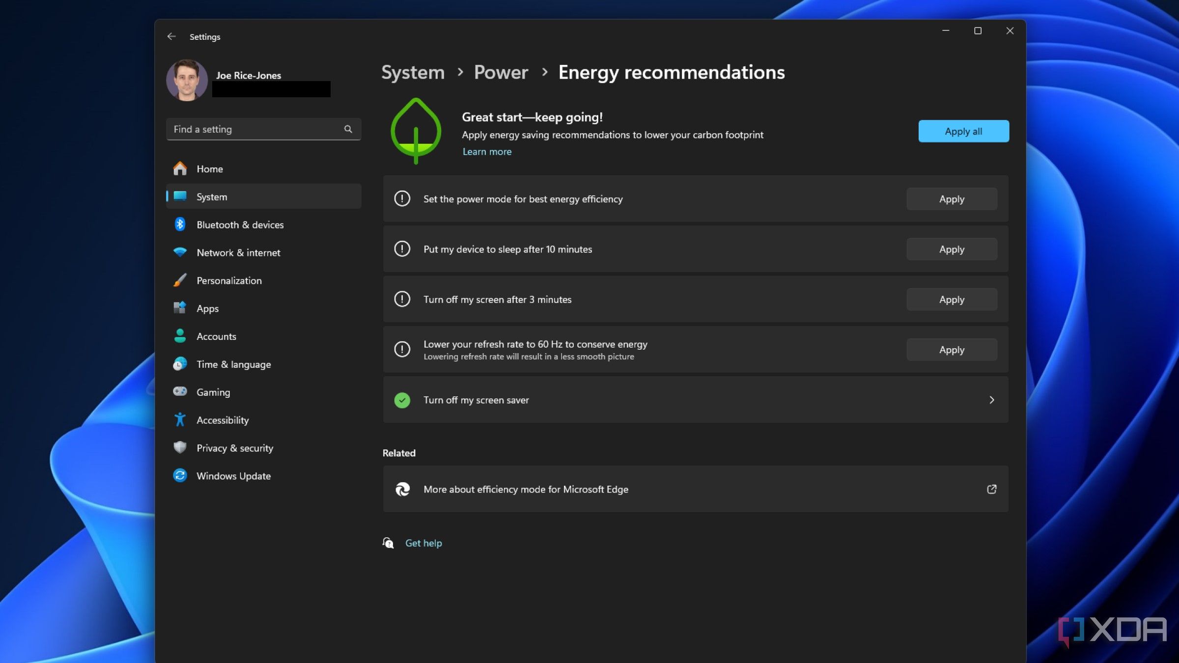 Captura de pantalla de las opciones de recomendaciones de energía de Windows 11