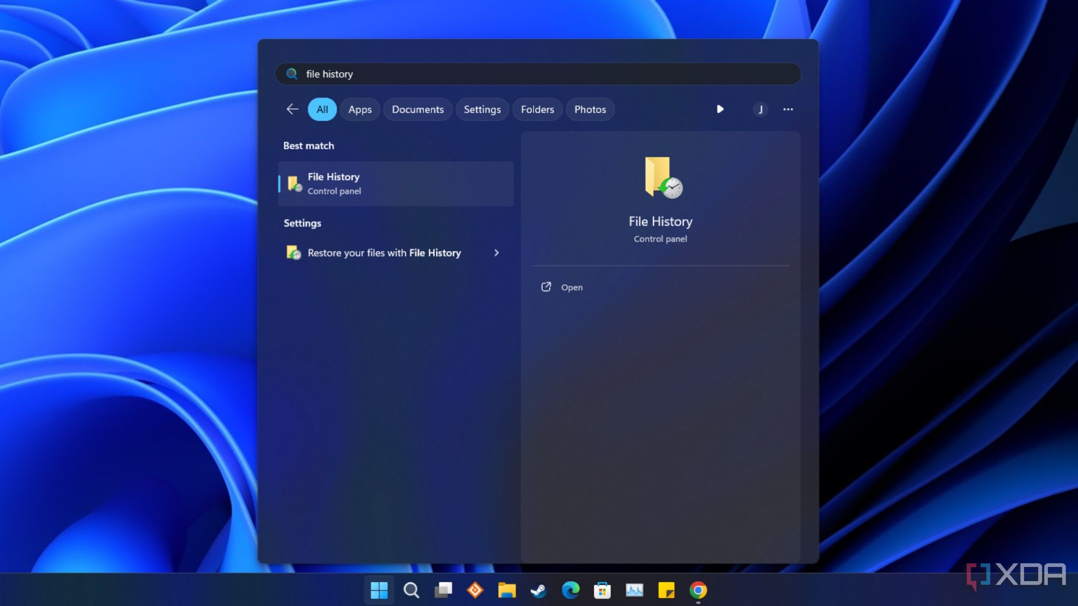 Captura de pantalla del menú de inicio de Windows con el historial de archivos en los resultados de búsqueda