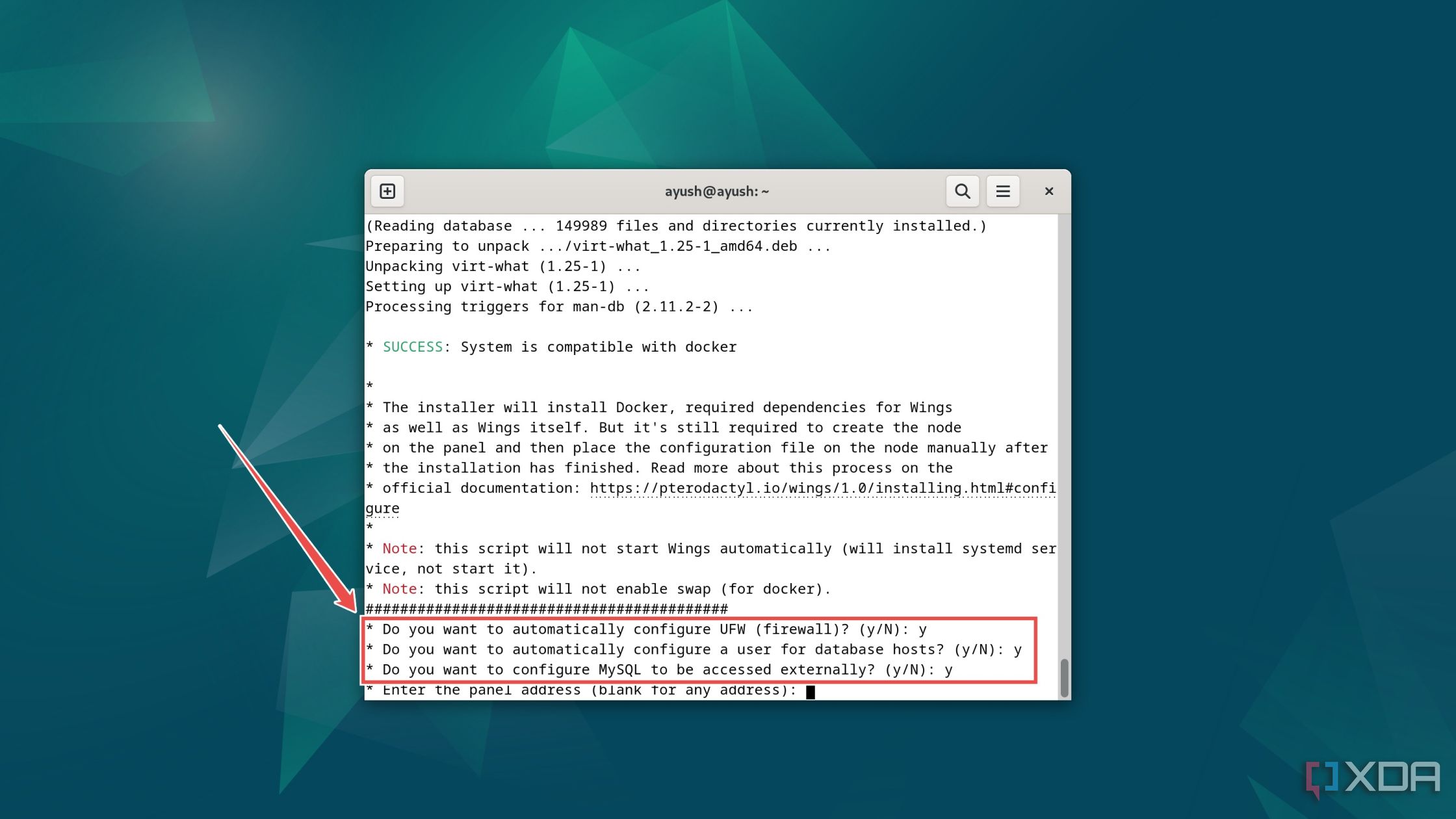 El procedimiento para habilitar automáticamente algunas configuraciones en el instalador de Wings en Debian