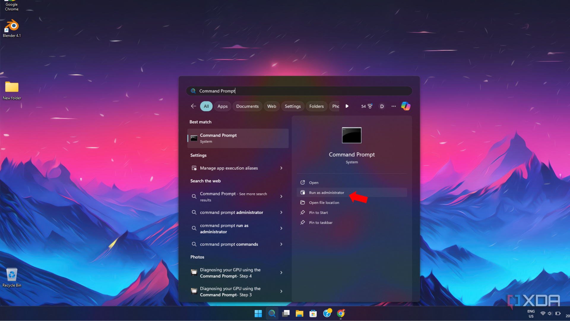 The Search menu showing the Command Prompt as a result