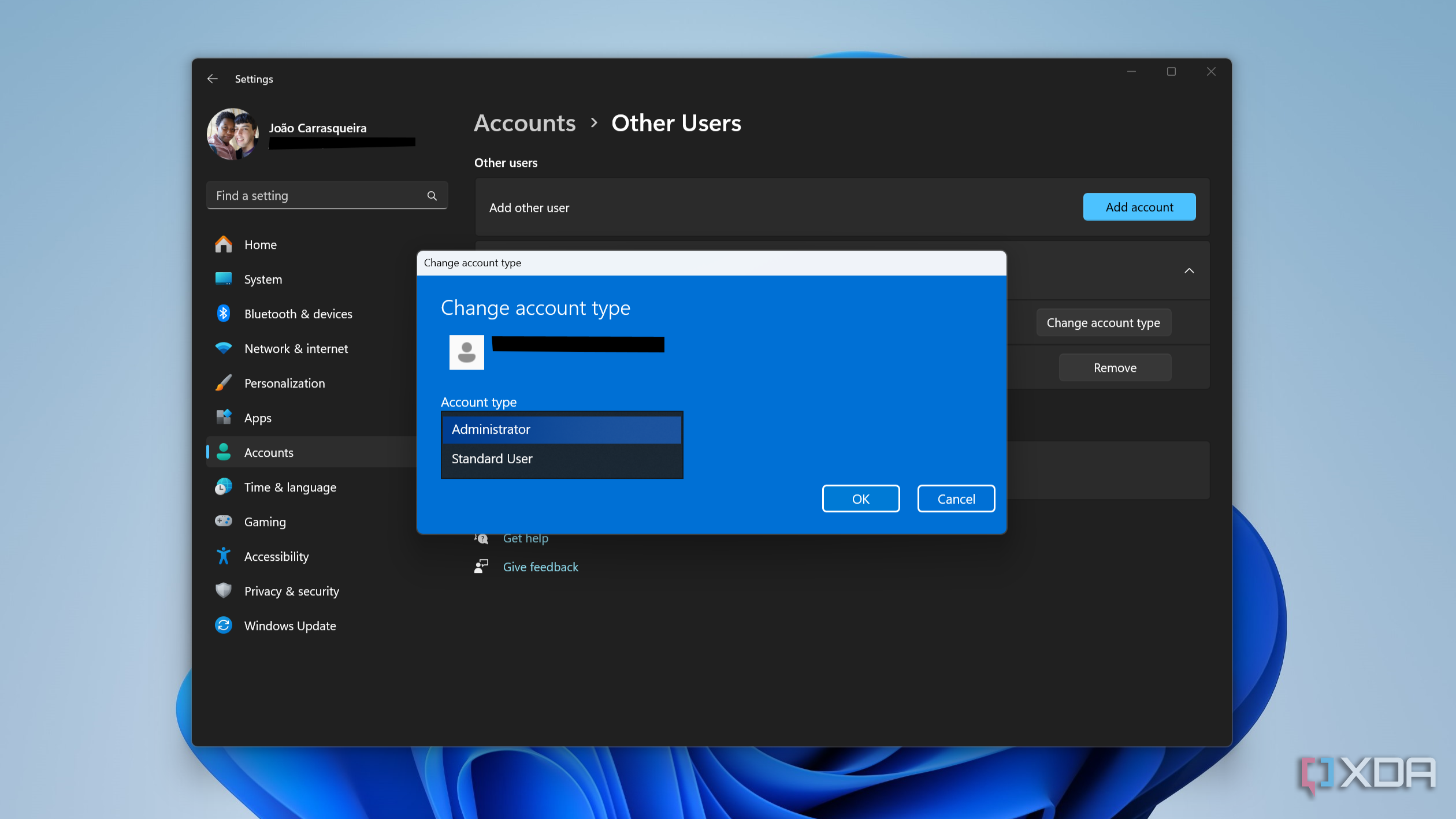 Screenshot of the Change account type dialog in the Windows 11 Settings app