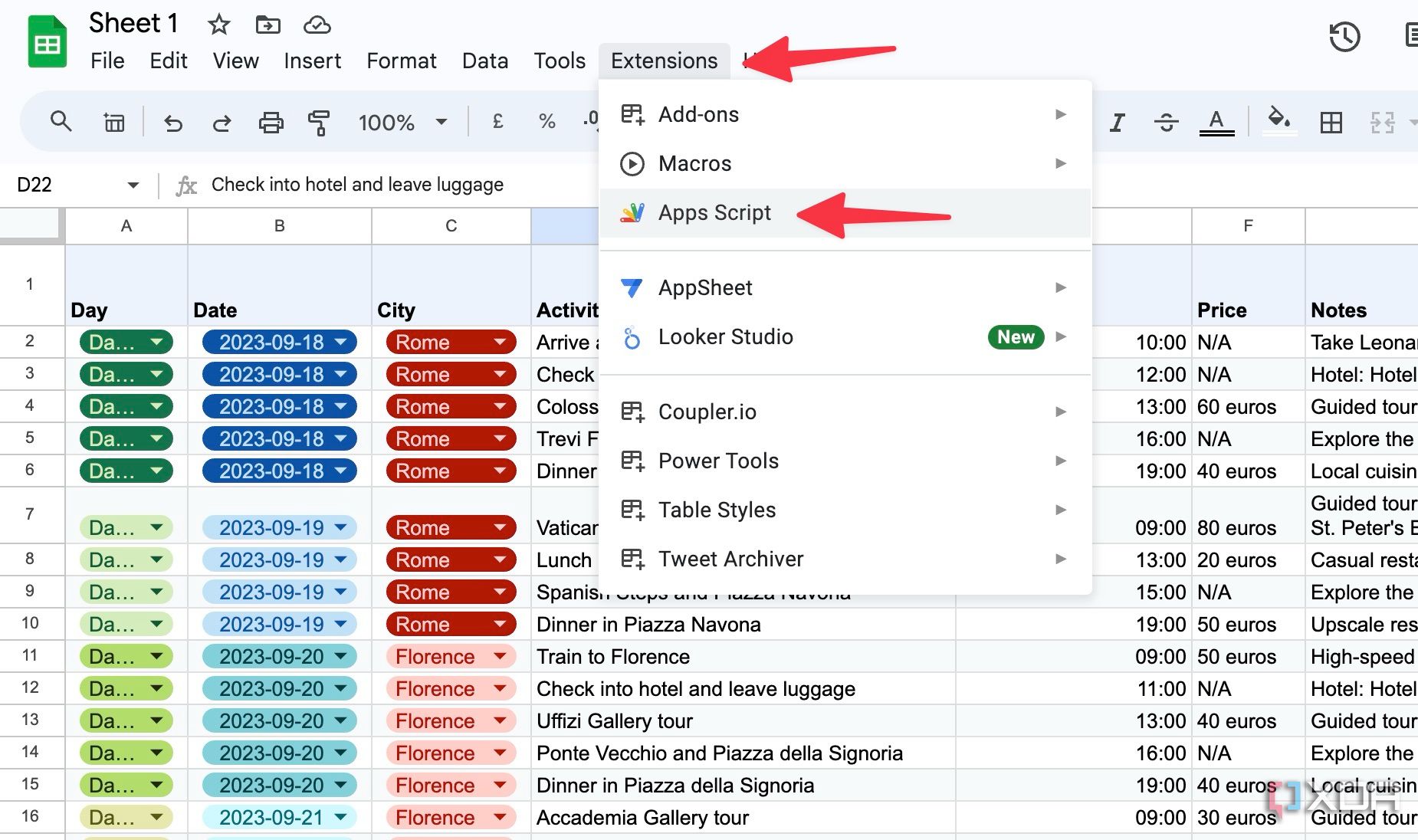 Abrir el menú de Apps Script en Hojas de cálculo de Google