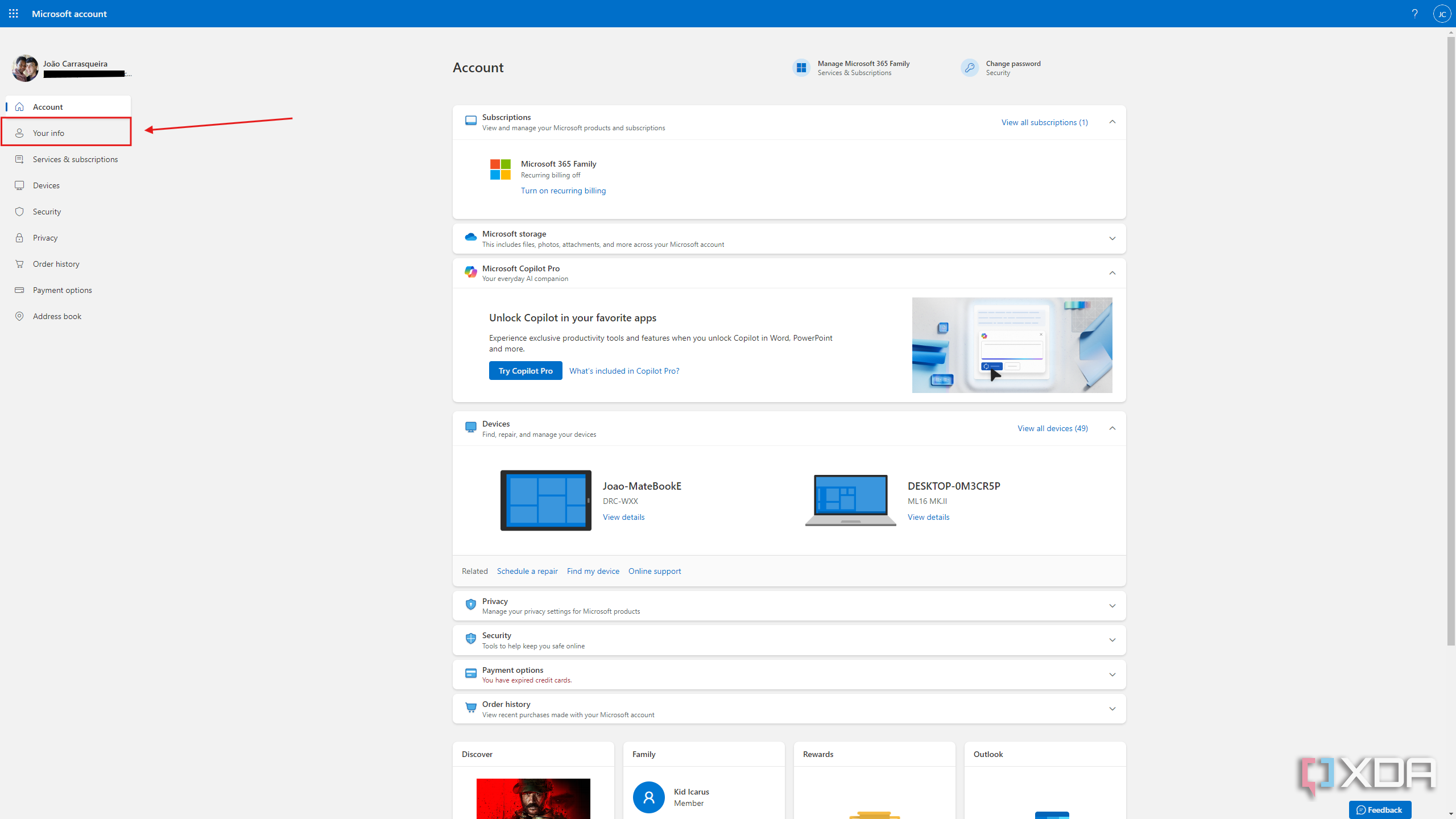 Screenshot of Microsoft account settings with the Your info tab highlighted on the left