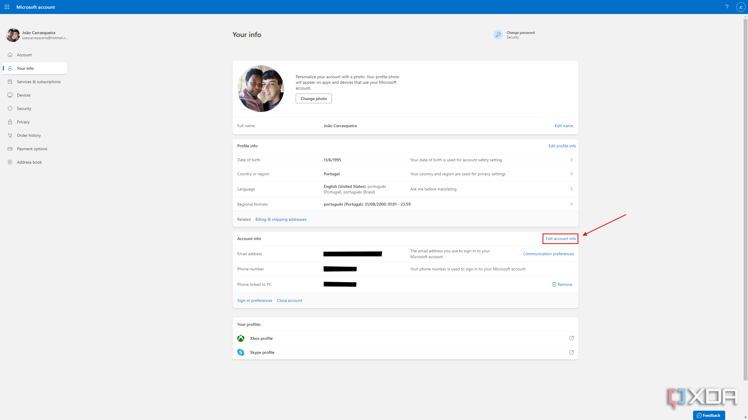 Screenshot of personal info page for a Microsoft account with the Edit account info button highlighted