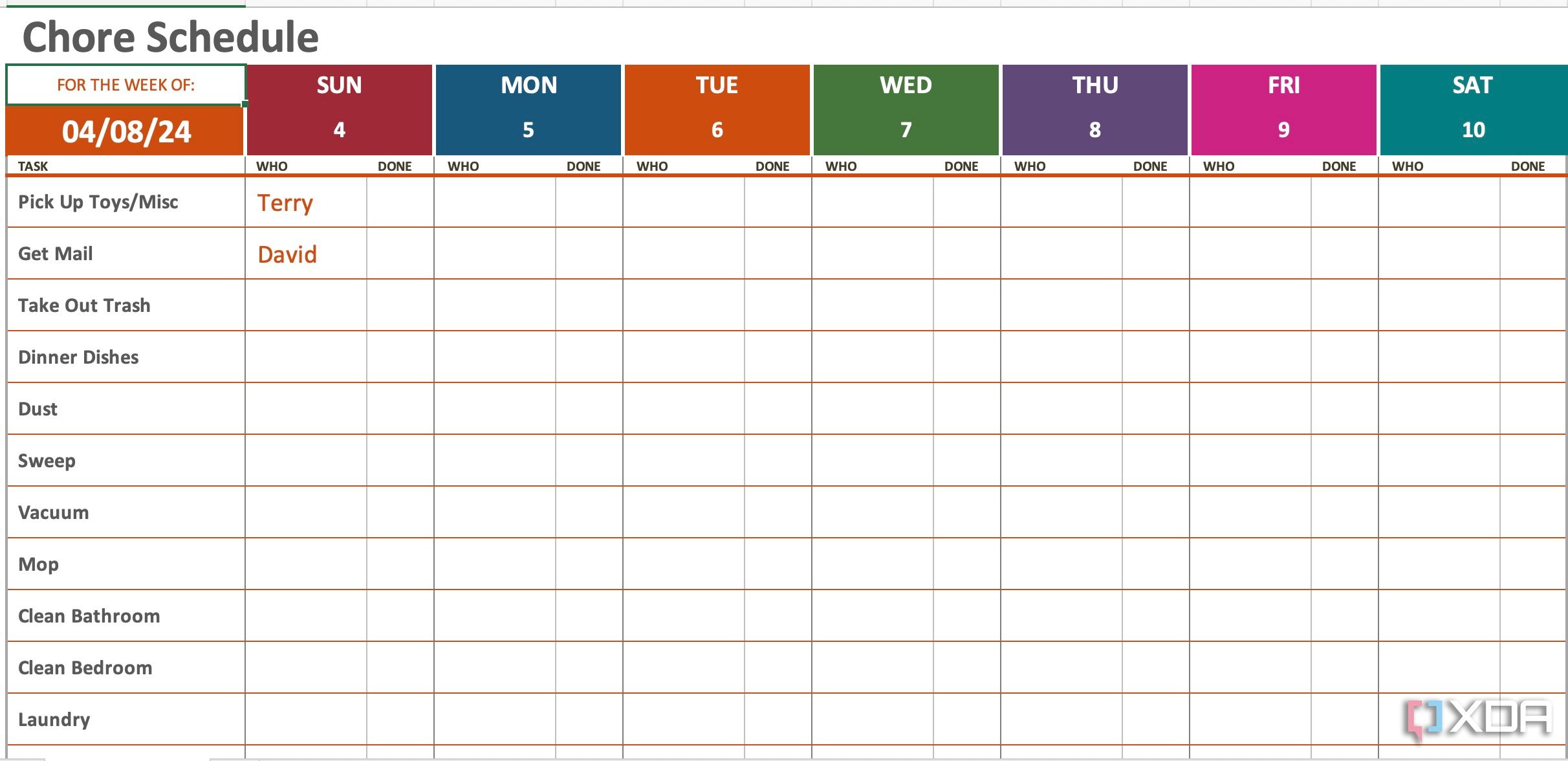 Programa de tareas semanales de Excel