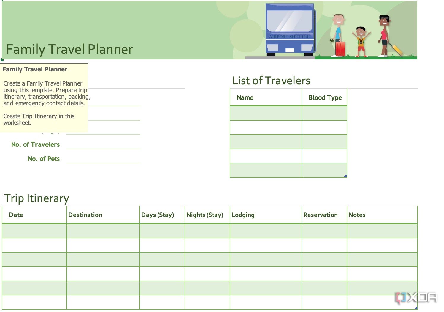 Planificador de viajes en Microsoft Excel